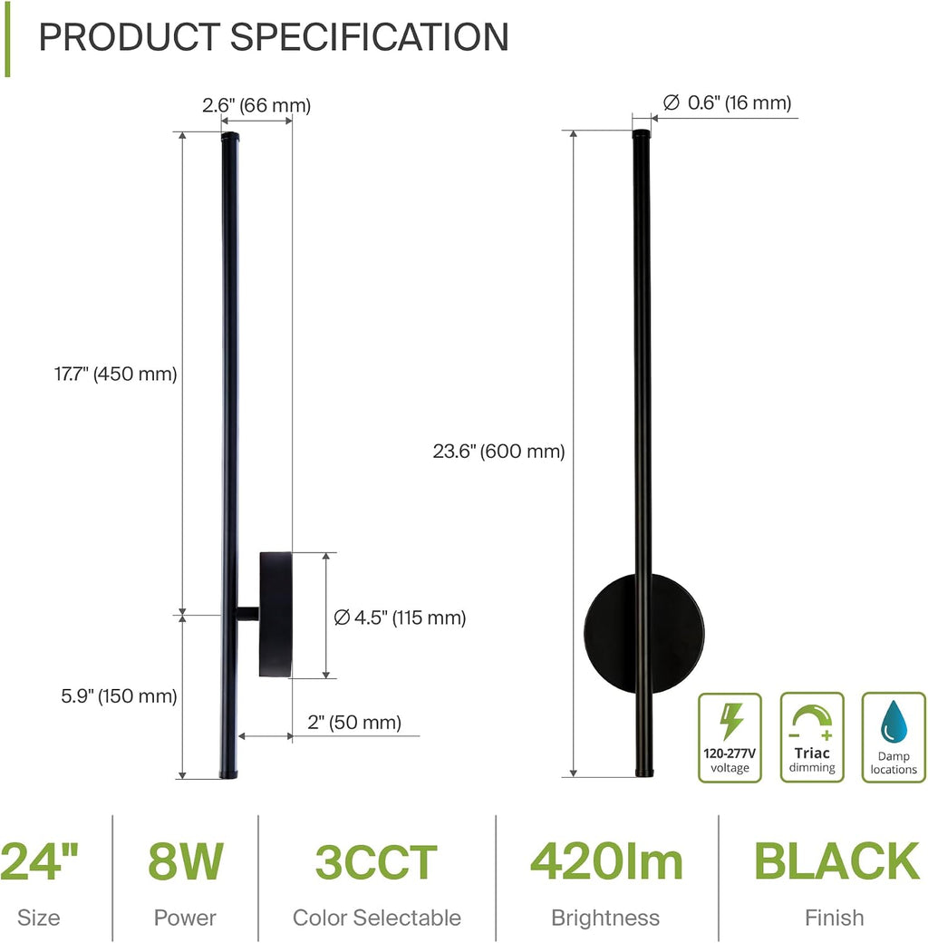 ASD LED 24" Linear Tube Wall Sconce, Modern Bathroom Light Bar | 3CCT, 360° Rotatable, Dimmable, ETL Listed | 8W 420LM 3000-5000K 100-277V | Bedroom, Hallway Vanity Lighting | Black