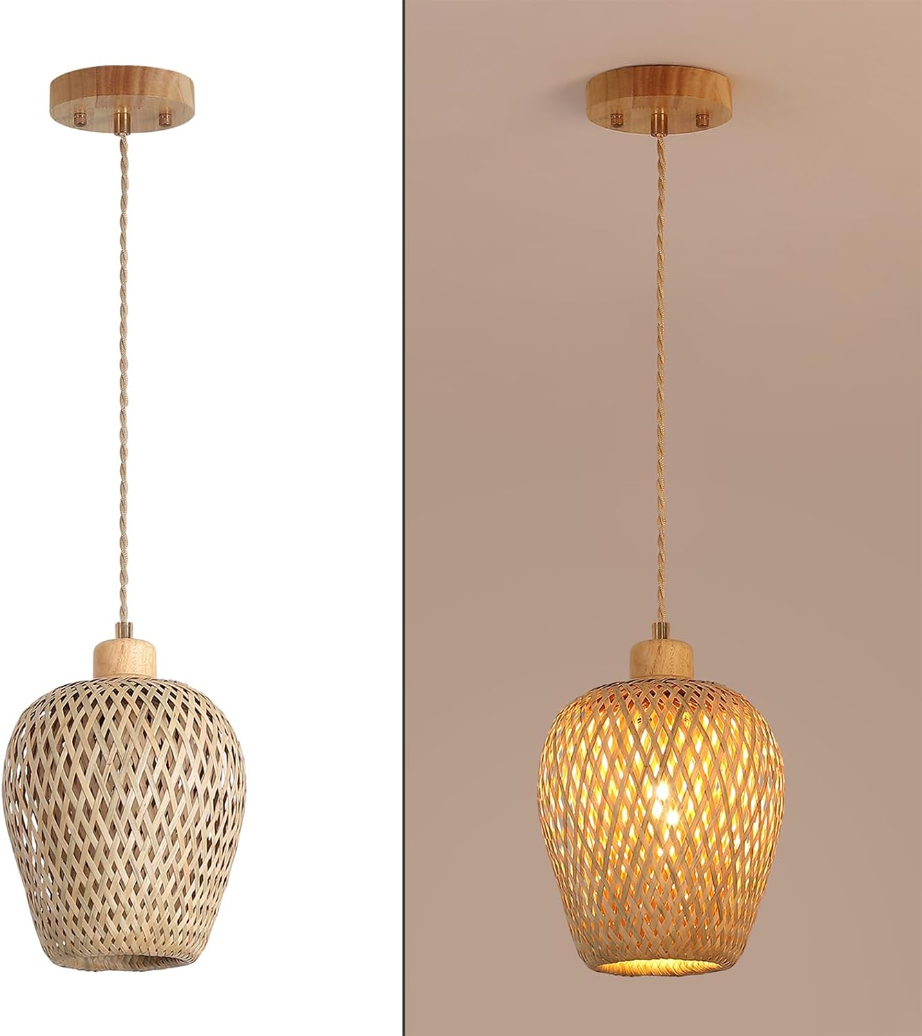 Bamboo Pendant Light Fixture One-Light Adjustable Boho Basket Handmade Woven Small Pendant Lighting for Kitchen Island Sink Bar Hallway Farmhouse