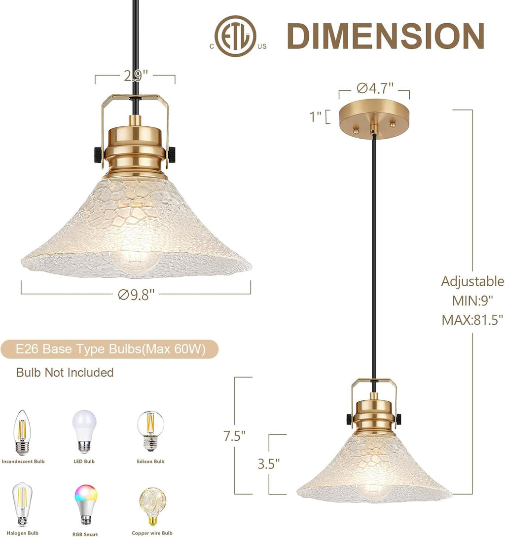 Glass Pendant Lights Kitchen Island 2 Pack Pendant Light Fixtures with Wave Glass Modern Adjustable Hanging Light for Kitchen Sink Dining Room Bedroom
