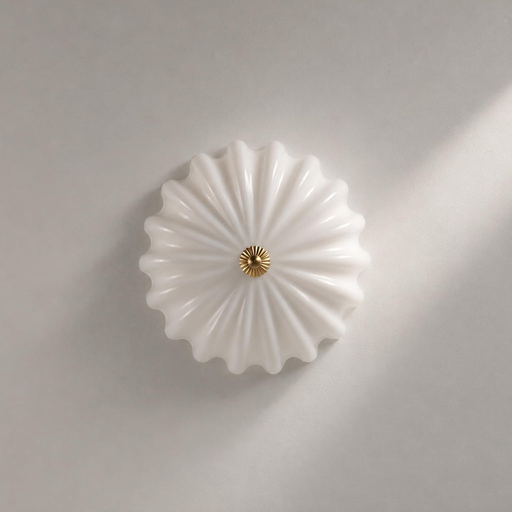 Gold Flush Mount Ceiling Light - 16″ Dimmable LED Milk Glass Light Fixture | Handcrafted Opal Glass and Solid Brass Light with Remote Control - A Luxury Choice for Bedroom Hallway Schoolhouse and Foyer