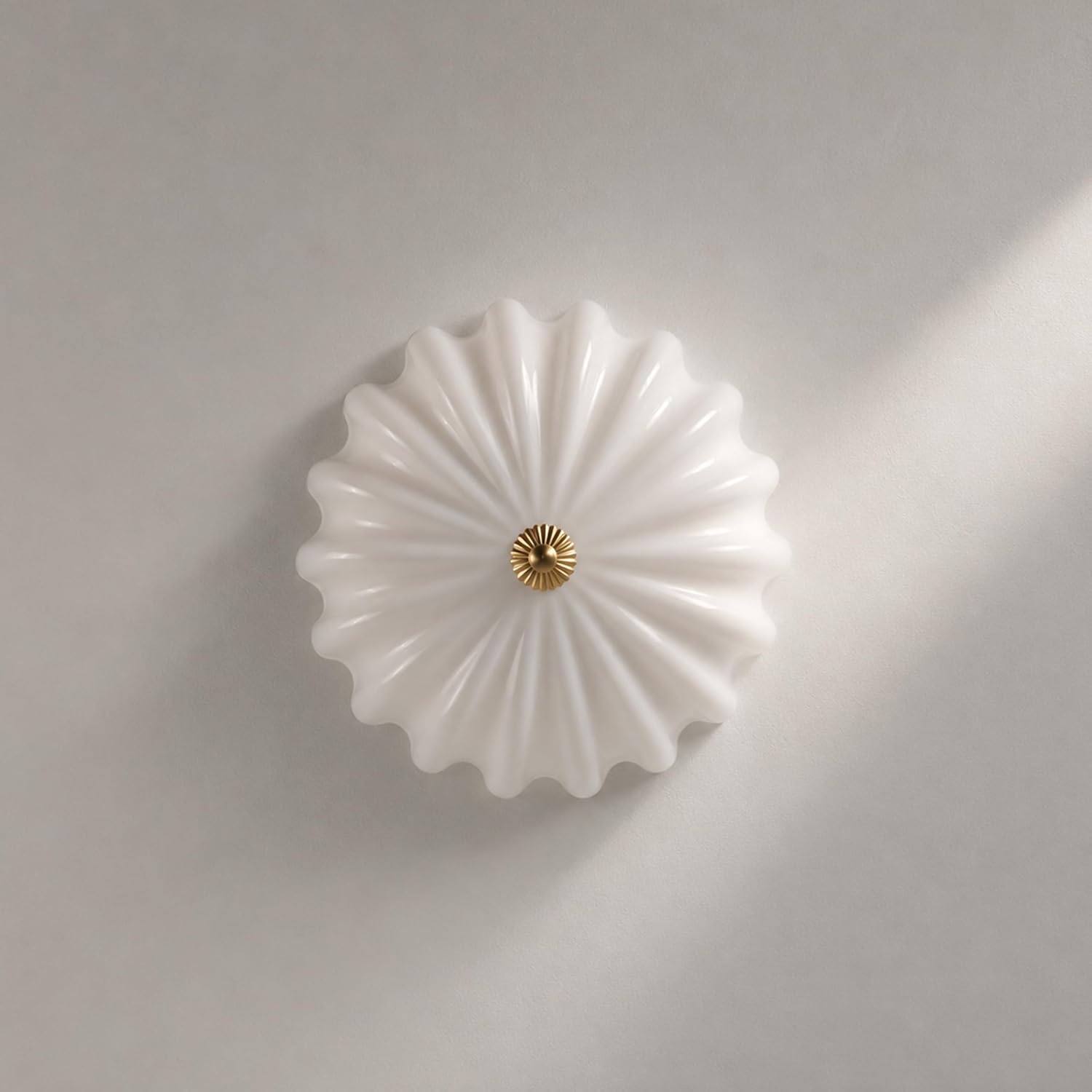 Gold Flush Mount Ceiling Light - 16″ Dimmable LED Milk Glass Light Fixture | Handcrafted Opal Glass and Solid Brass Light with Remote Control - A Luxury Choice for Bedroom Hallway Schoolhouse and Foyer