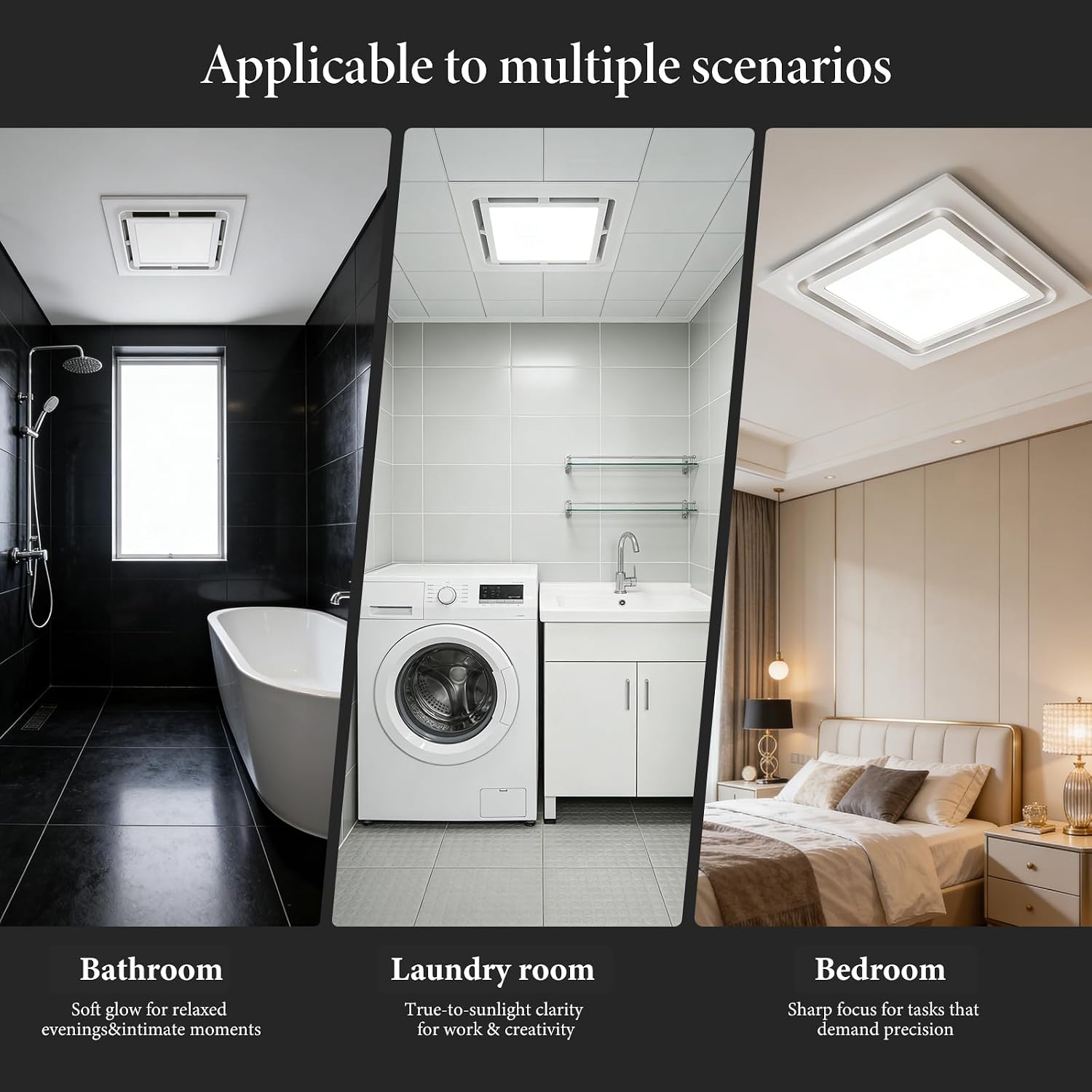 Bathroom Exhaust Fan with LED Light 125 CFM, 9.5" Panel, 0.7 Sone Low Noise，Cutout Size 8"x8"，Duct 4 Inch Quiet Bath Ceiling Vent Fan Combo with 6500K 1200LM LED Light, for Bathroom, Laundry, Shower