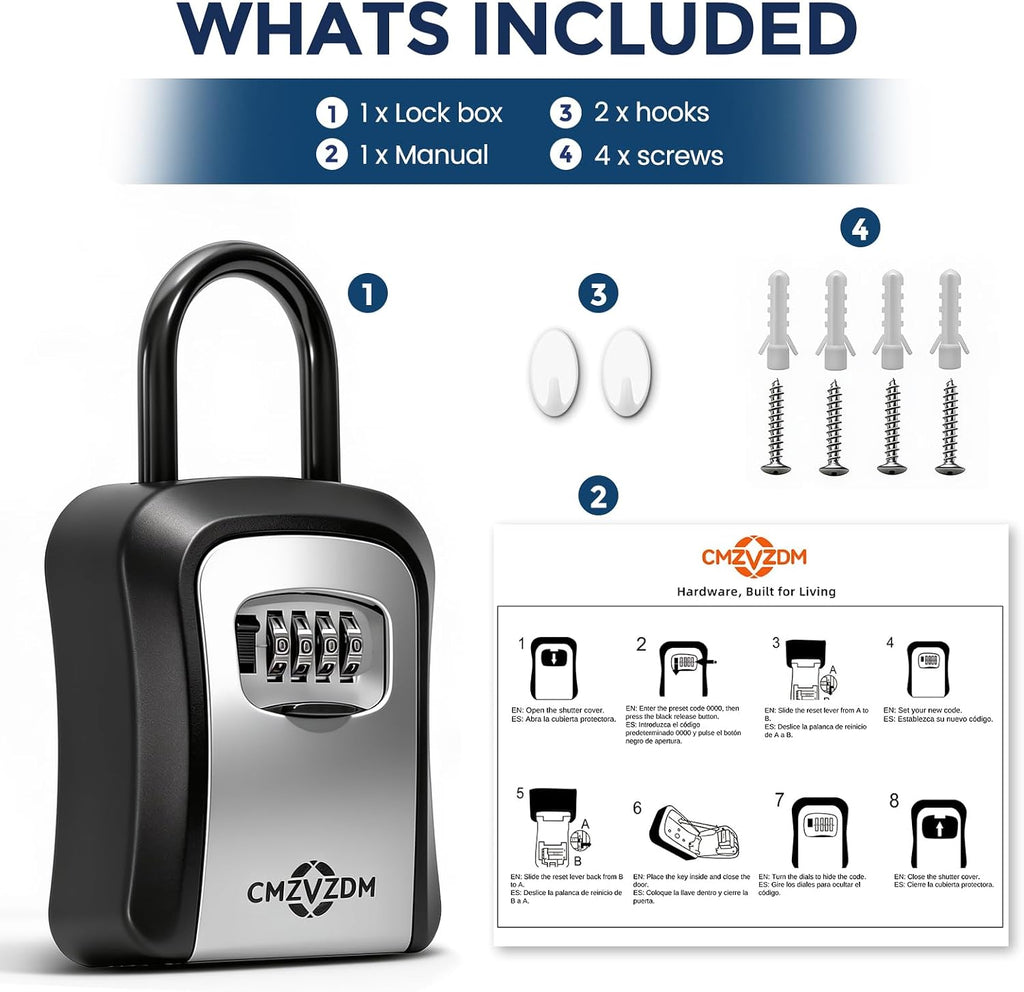 Key Lock Box with Code, 4-Digit Combination, Wall Mount, Large Capacity | Metal Weather-Resistant Shell and Removable Shackle for Outdoor Use at Homes, Garages, and Rentals, Gray, 1 Pack