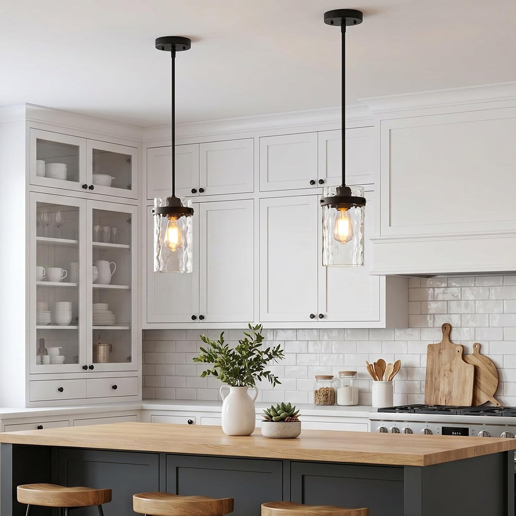 Refice Pendant Lights Kitchen Island, Black Hanging Lighting with Hammered Glass, Modern Mini Pendant Light Fixture for Dining Room Bedroom, 1 Pack