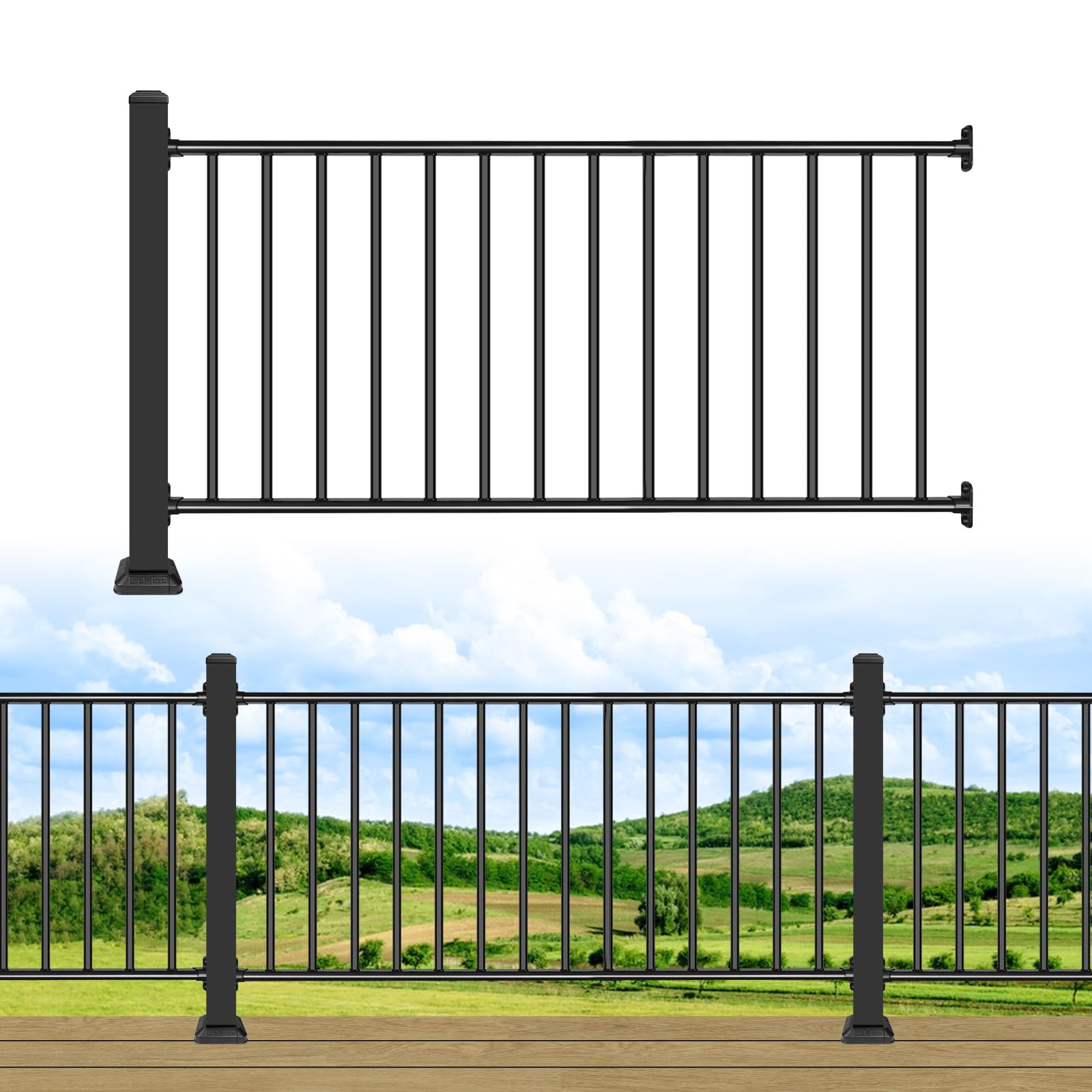 38in H x 3ft W Aluminum Deck Railing with a Matte Black Powder-Coated Finish, Suitable for Outdoor Railing kit on porches and patios,1 Panel