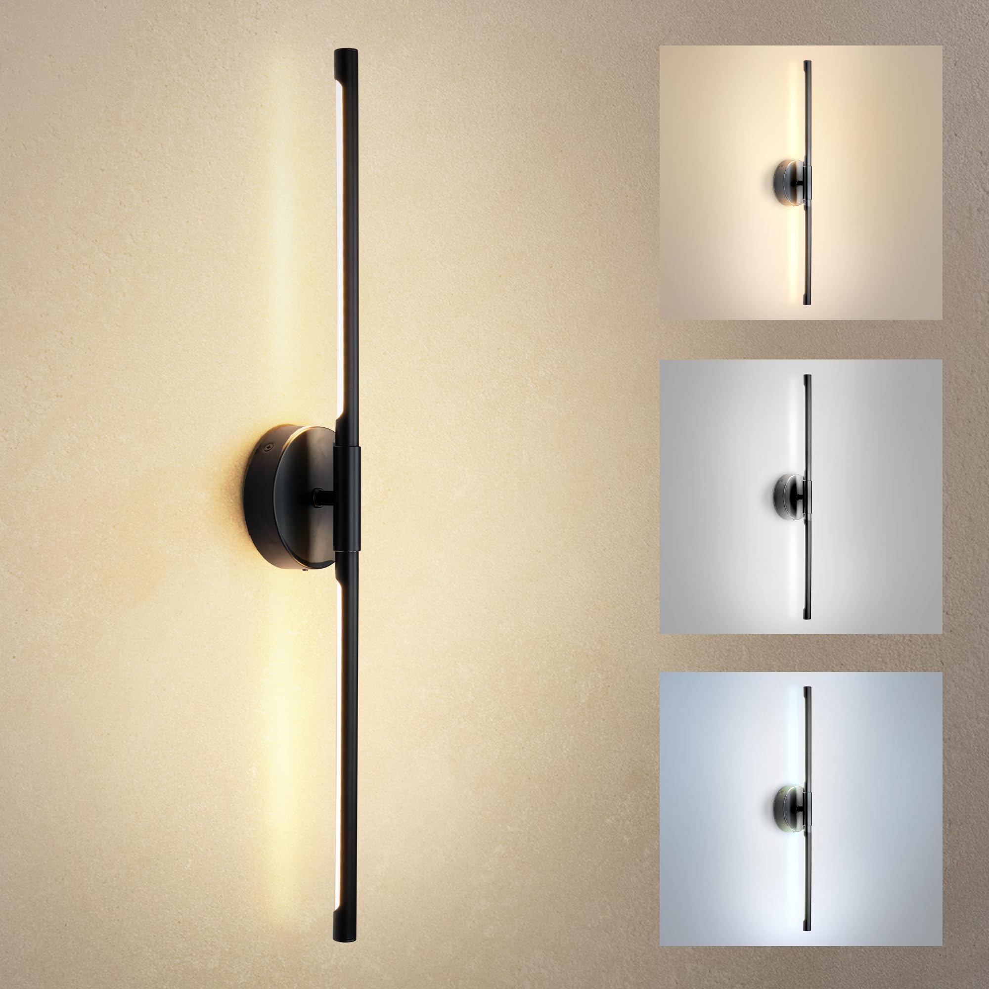 ASD LED 24" Linear Tube Wall Sconce, Modern Bathroom Light Bar | 3CCT, 360° Rotatable, Dimmable, ETL Listed | 8W 420LM 3000-5000K 100-277V | Bedroom, Hallway Vanity Lighting | Black