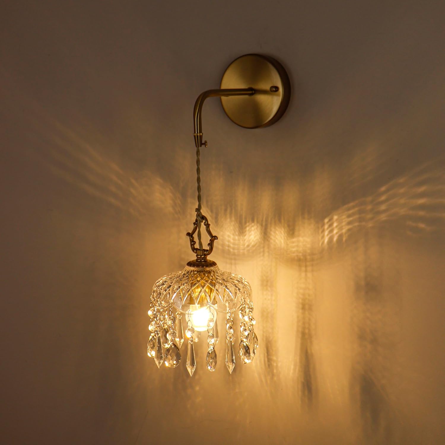 Vintage Crystal Wall Sconce, Brass Finish Pendant Light Fixture with Hanging Crystals, Elegant Diamond Cut Glass Shade (1, S)