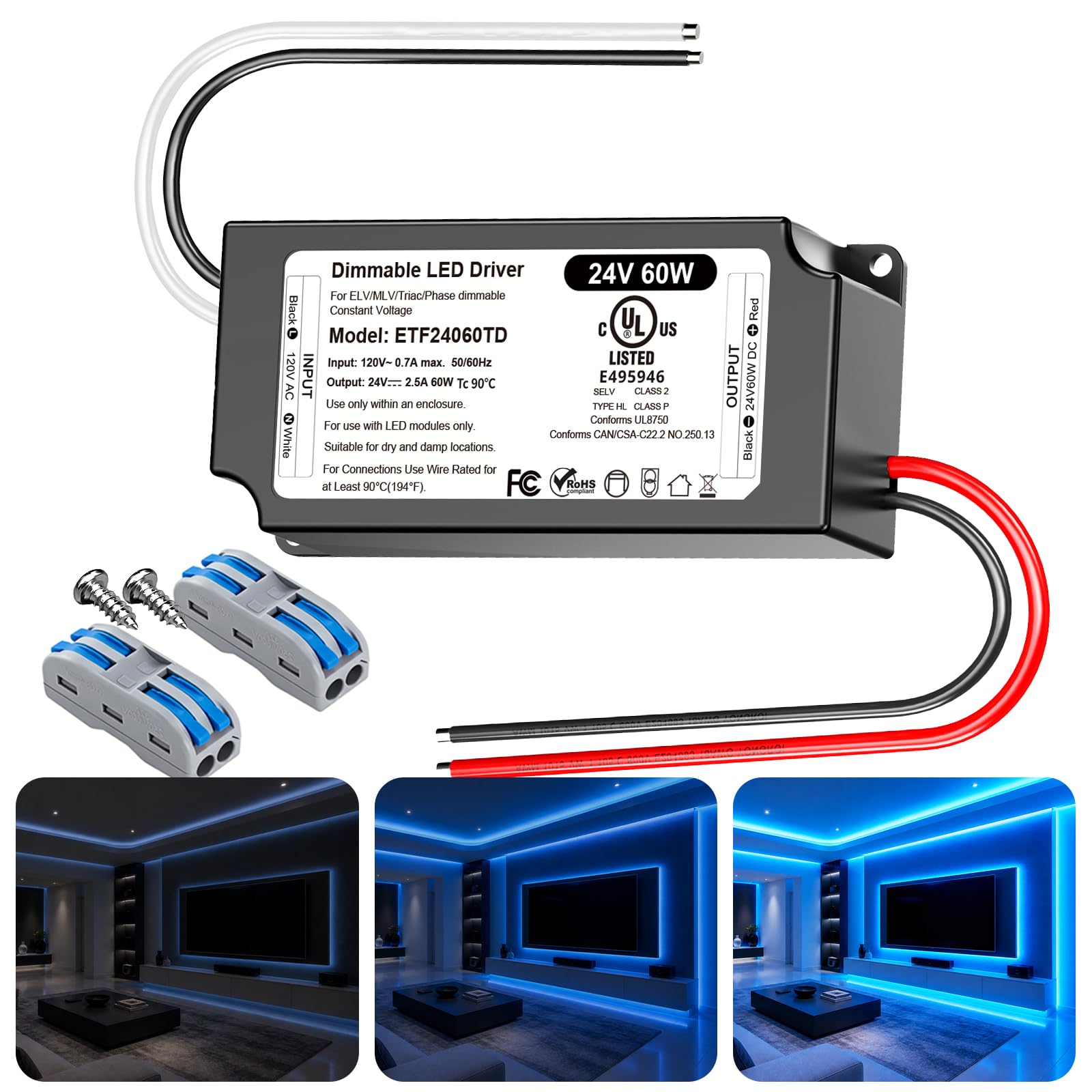 12V Dimmable LED Driver 60W UL&FCC Listed Class 2, Triac ELV/MLV AC 120V to DC 12V LED Transformer Compatible with Lutron & Leviton Switches 60 Watt Power Supply 12 Volt for LED Strip Light