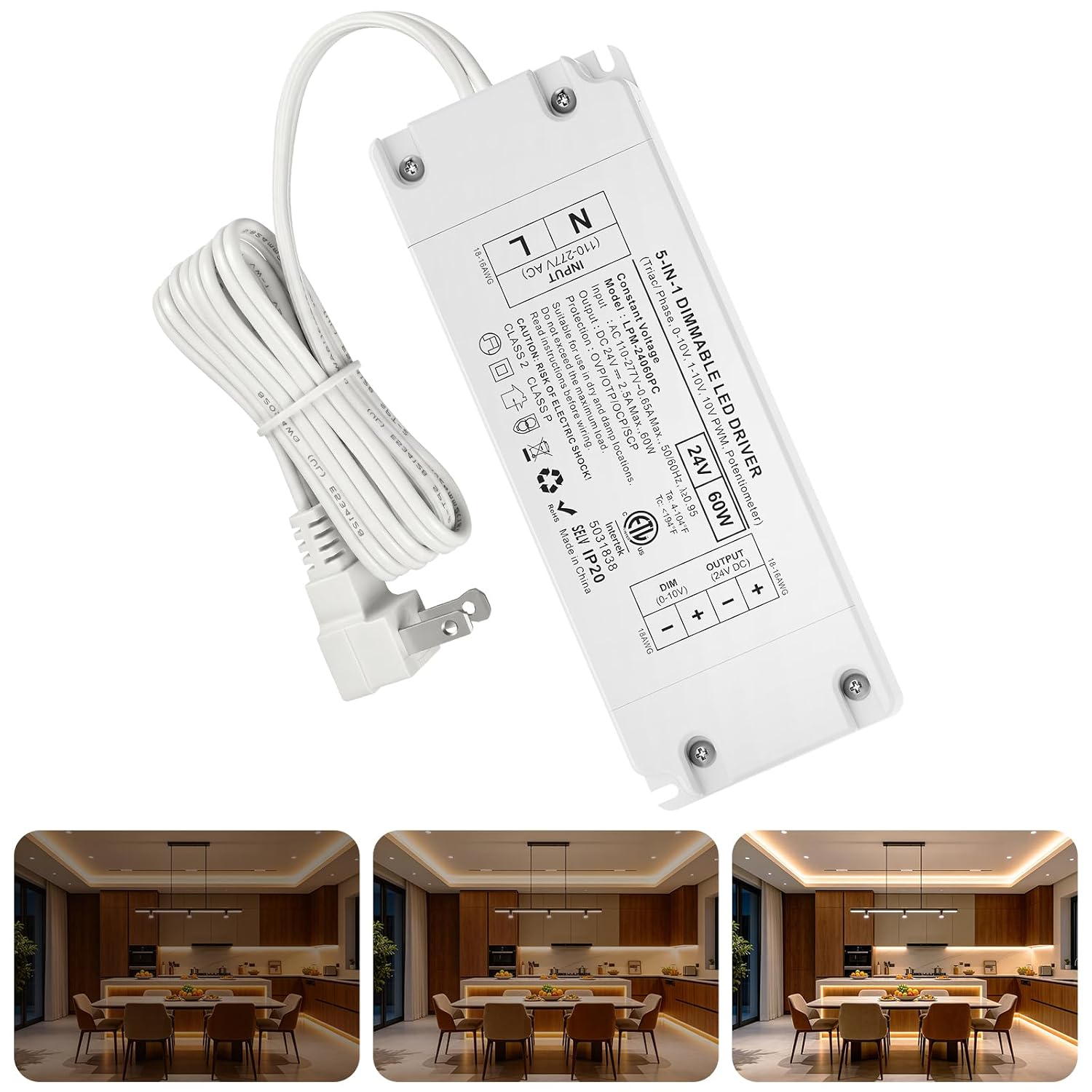 24V 60W 5-in-1 Dimmable LED Driver, 24V Dimmable Transformer ETL Certified | TRIAC/MLV/ELV/0-10V/1-10V/10V PWM/Potentiometer Control, IP20 Indoor Constant Voltage Power Supply for LED Lighting