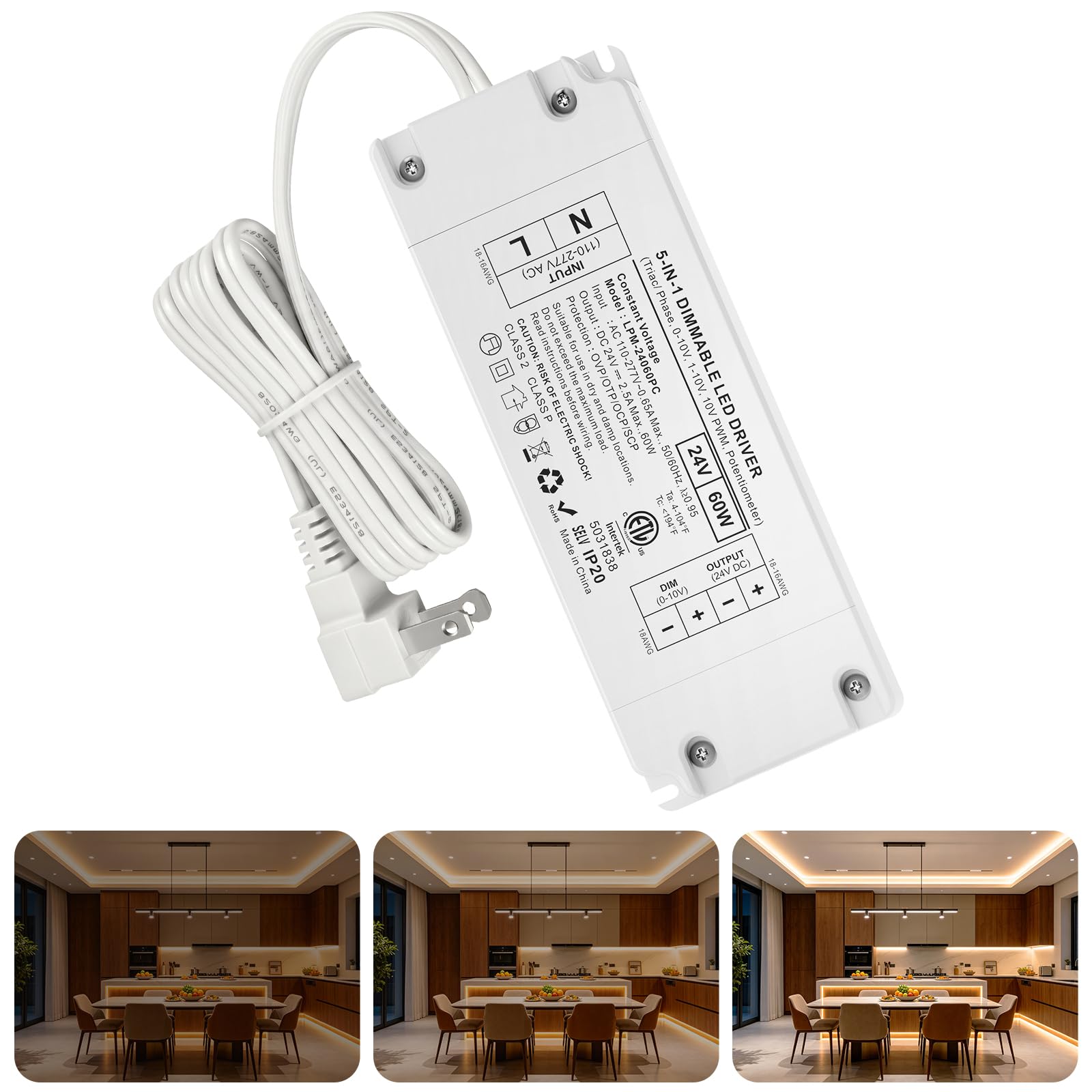 24V 60W 5-in-1 Dimmable LED Driver, 24V Dimmable Transformer ETL Certified | TRIAC/MLV/ELV/0-10V/1-10V/10V PWM/Potentiometer Control, IP20 Indoor Constant Voltage Power Supply for LED Lighting