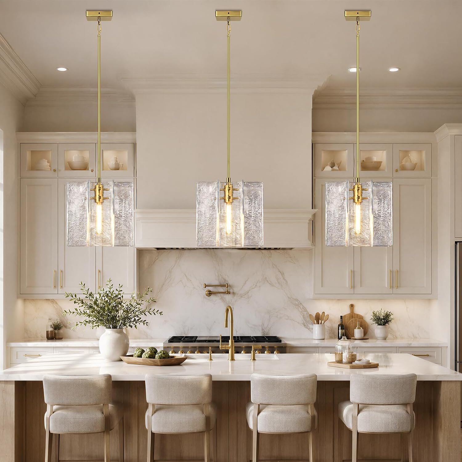 Modern Large Brass Water Ripple Glass Kitchen Pendant Light Fixtures, Gold 12 in Island Pendant Lights,Hanging Island Lights,for Bedroom, Foyer, Entryway,Dining, Bulbs Included