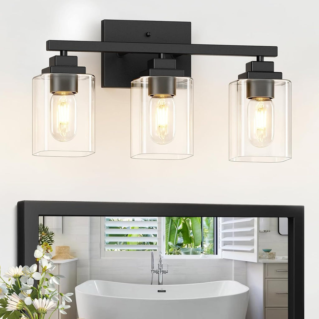 Matte Black Bathroom Vanity Light, 3-Light Modern Vanity Lighting Fixtures Over Mirror with Clear Glass Shade,Square Design,Wall Sconces for Living Room Cabinet Bedroom,E26 Socket