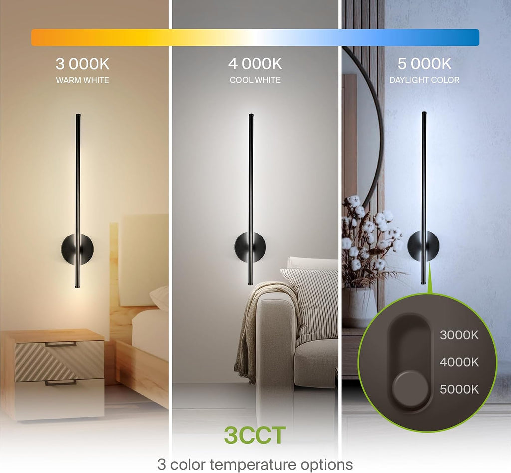 ASD LED 24" Linear Tube Wall Sconce, Modern Bathroom Light Bar | 3CCT, 360° Rotatable, Dimmable, ETL Listed | 8W 420LM 3000-5000K 100-277V | Bedroom, Hallway Vanity Lighting | Black