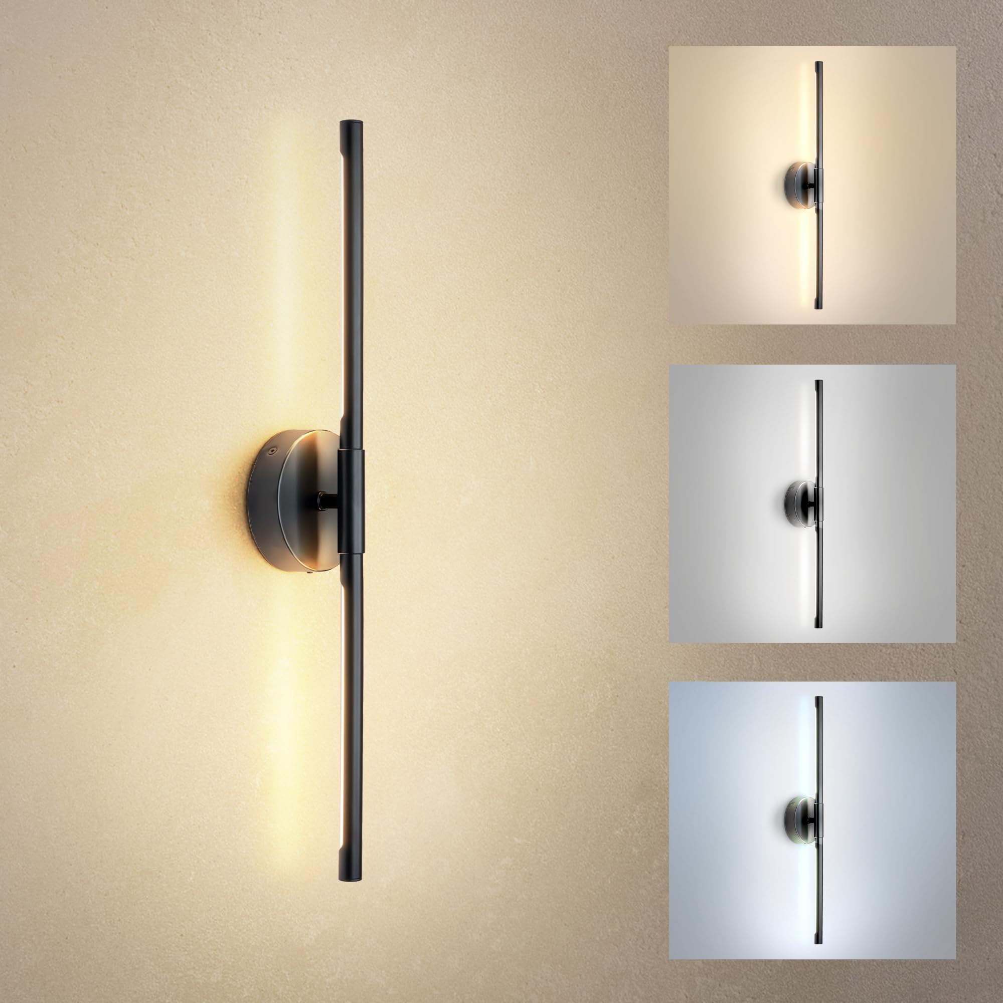ASD LED 24" Linear Tube Wall Sconce, Modern Bathroom Light Bar | 3CCT, 360° Rotatable, Dimmable, ETL Listed | 8W 420LM 3000-5000K 100-277V | Bedroom, Hallway Vanity Lighting | Black