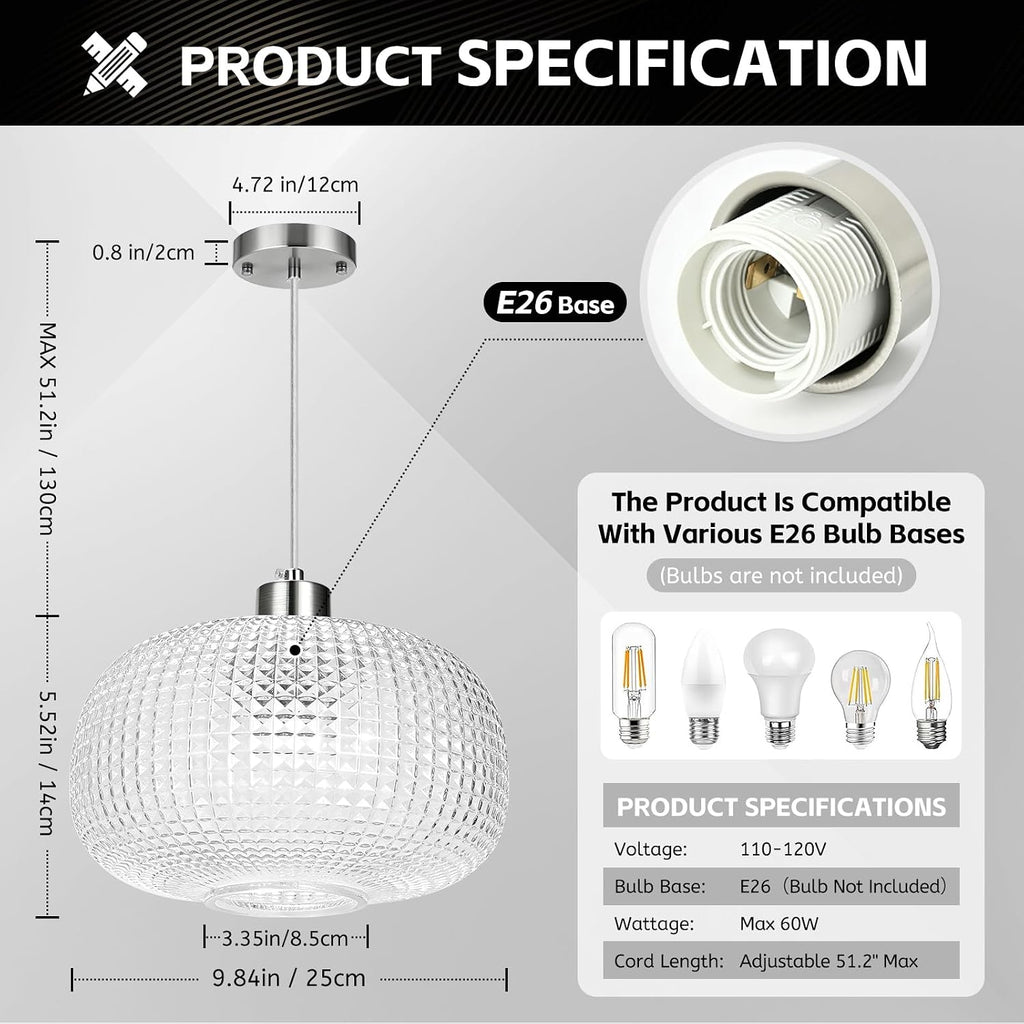 Glass Pendant Lights Kitchen Island 10" Glass Pendant Light 1 Pack | Clear Hammered Glass Shade,Brushed Nickel Metal, Adjustable Height,Island Light for Dining Room Bedroom Entryway