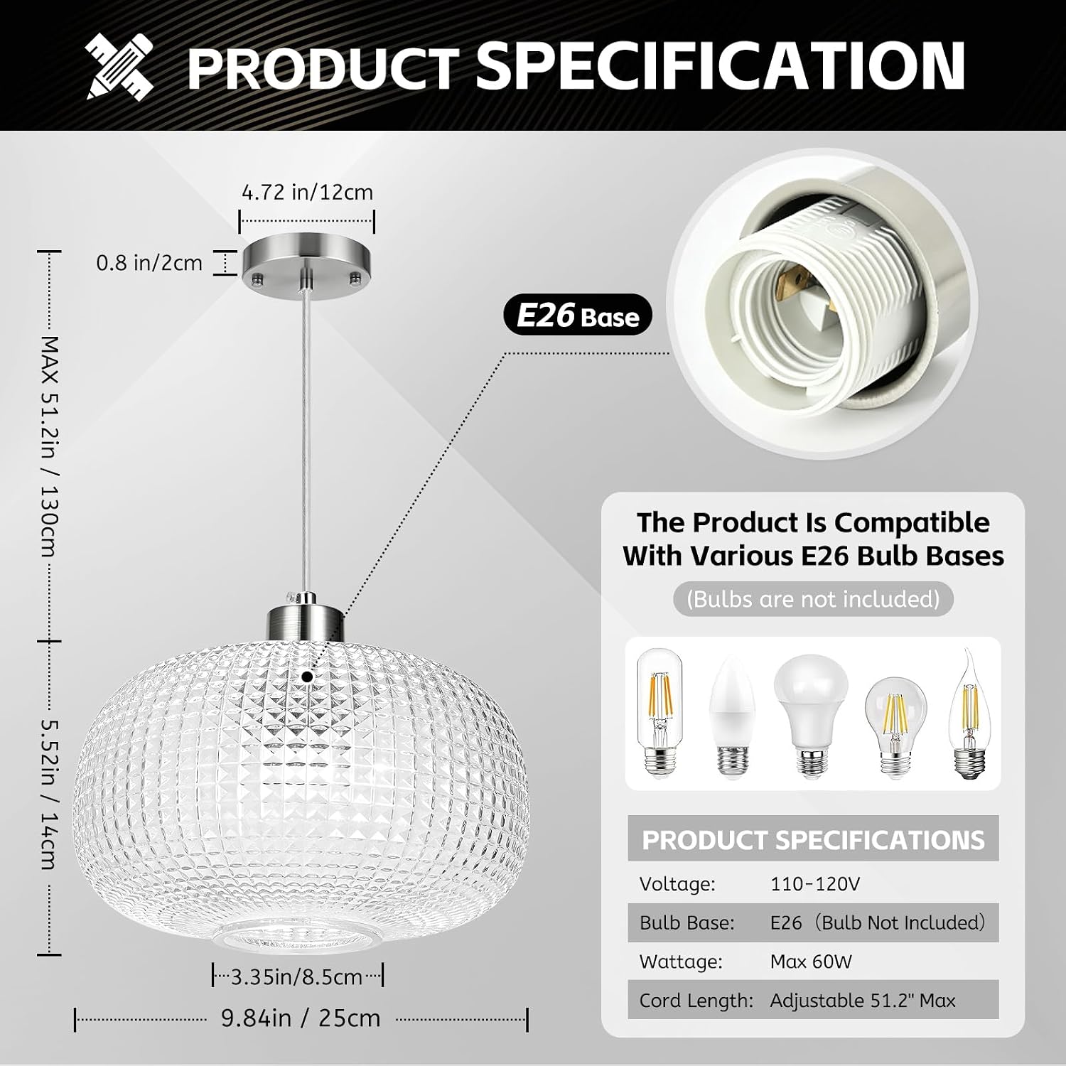 Glass Pendant Lights Kitchen Island 10" Glass Pendant Light 1 Pack | Clear Hammered Glass Shade,Brushed Nickel Metal, Adjustable Height,Island Light for Dining Room Bedroom Entryway