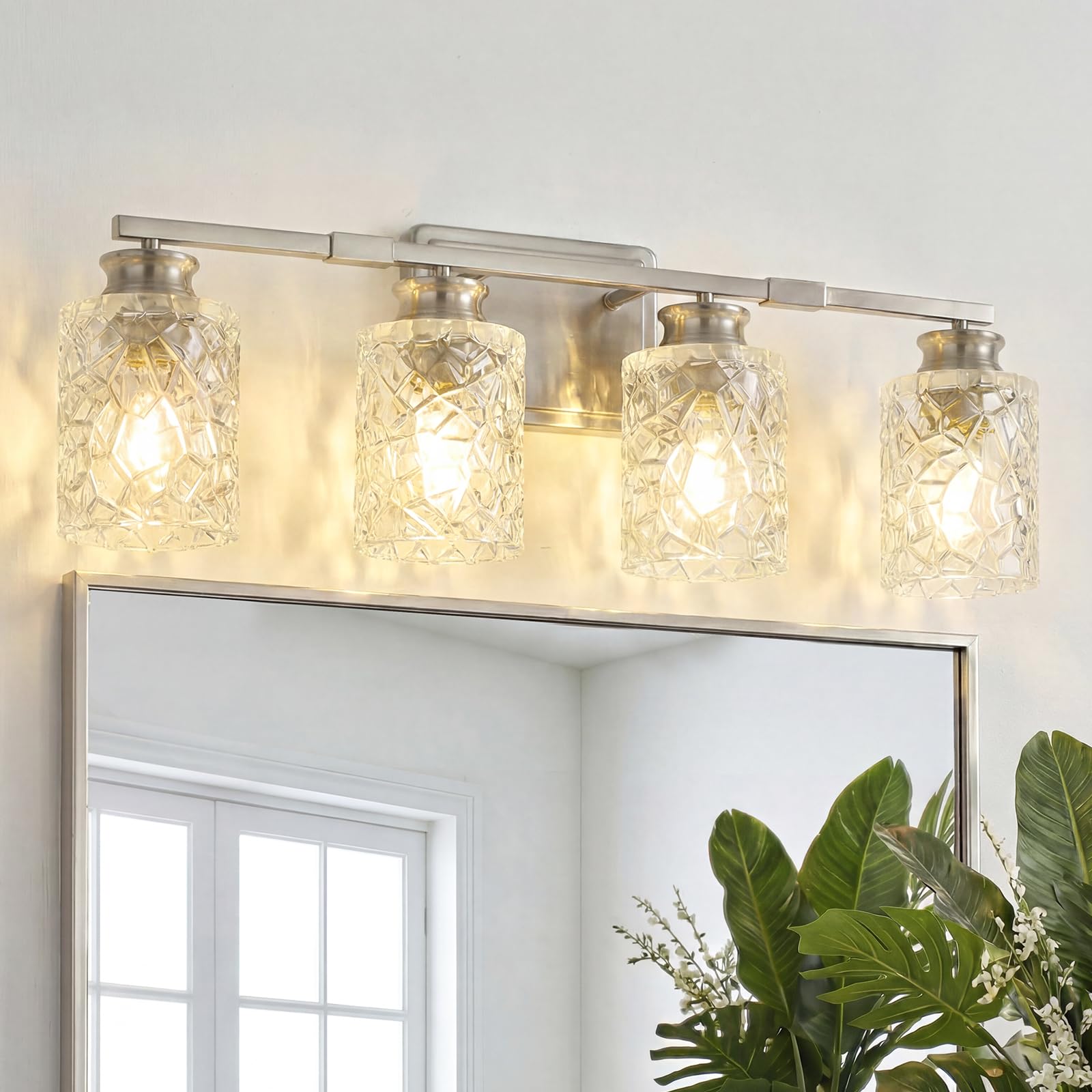 2-Light Brushed Nickel Bathroom Light Fixture | Geometric Crackled Glass Farmhouse Bathroom Lighting for Living Room Bedroom Sink Over Mirror