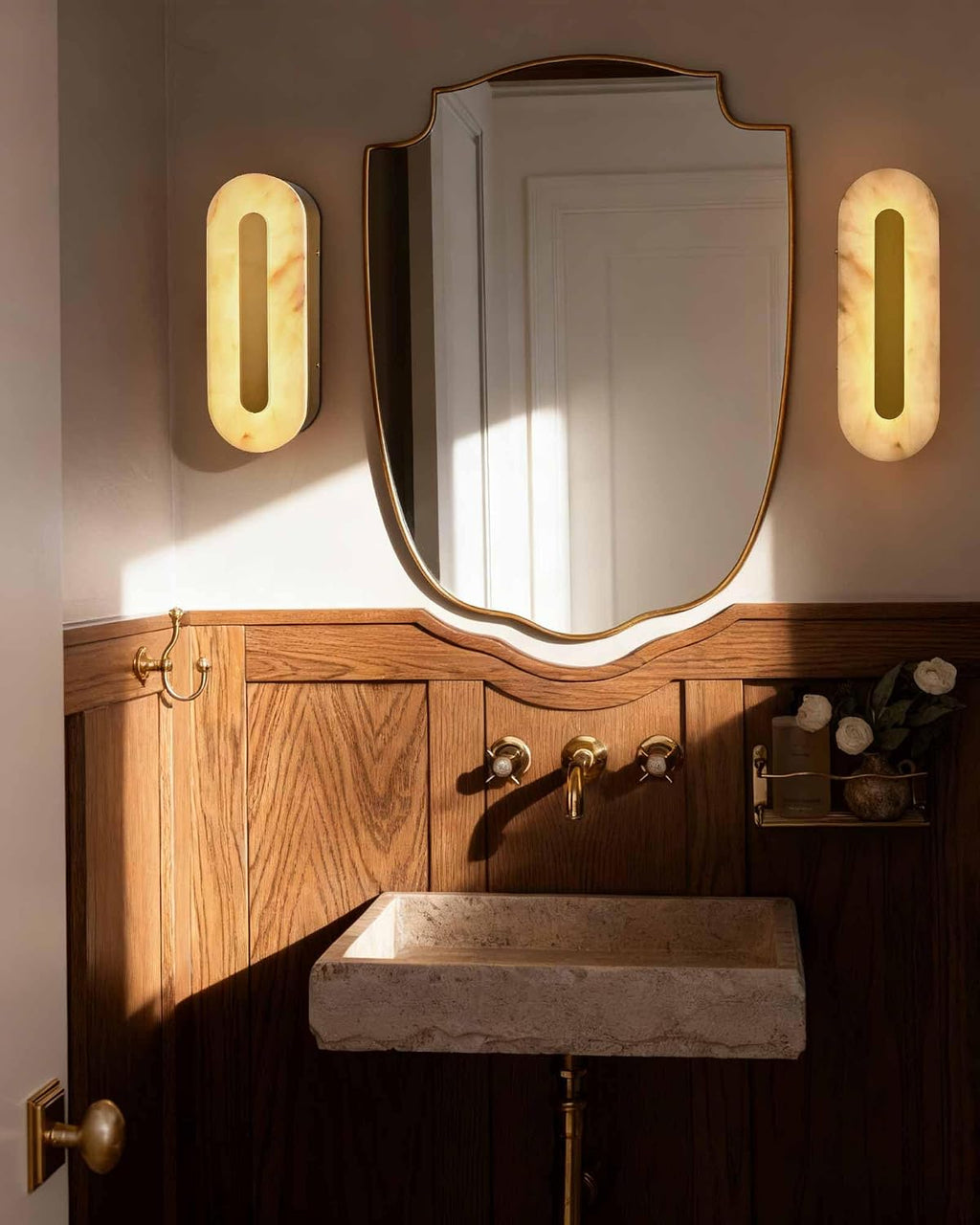 Alabaster Wall Sconces Oval Marble Wall Sconce with Gold Base | Stone Bathroom Vanity Light Fixtures LED Alabaster Lights Hardwired For Living Room Showroom Staircase Bedroom