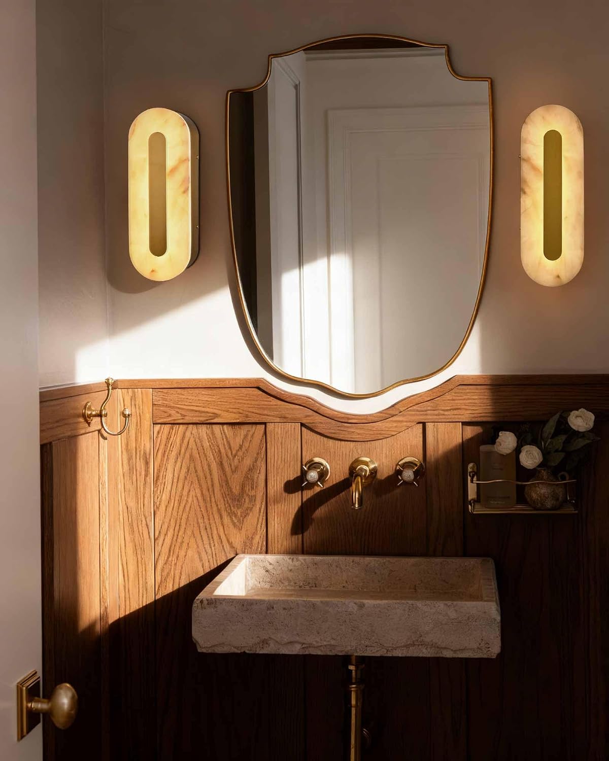 Alabaster Wall Sconces Oval Marble Wall Sconce with Gold Base | Stone Bathroom Vanity Light Fixtures LED Alabaster Lights Hardwired For Living Room Showroom Staircase Bedroom