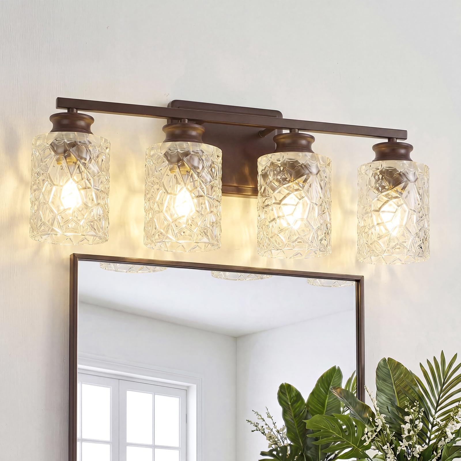 2-Light Brushed Nickel Bathroom Light Fixture | Geometric Crackled Glass Farmhouse Bathroom Lighting for Living Room Bedroom Sink Over Mirror