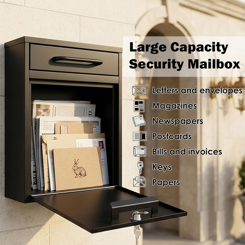 Wall Mount Mailbox for Outside, 16 Inch Drop Box Anti-Theft Heavy Duty Locking Mailbox with 2 Keys for Houses & Apartment, 11.4 x 4.7 x 16 Inches, Black