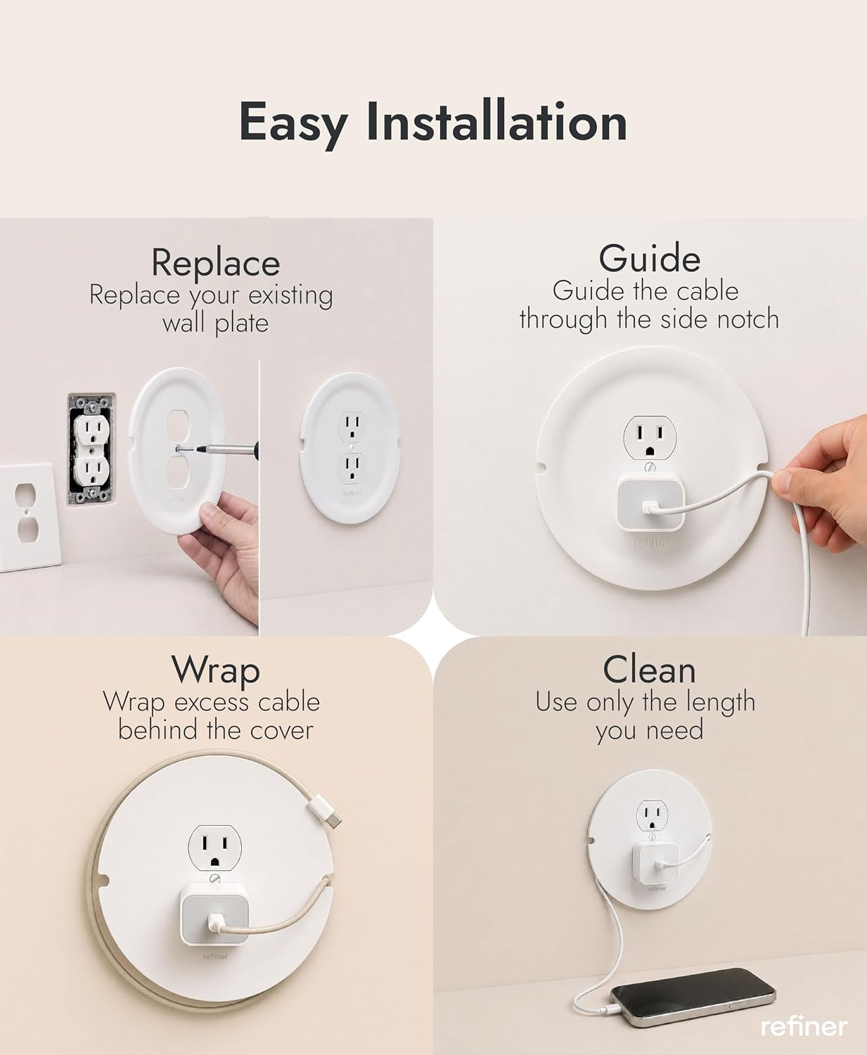 Refiner Cable Management Outlet Covers with Cord Hider Wall Plate, 2-Pack | Outlet Cover with Built-in Cable Storage Cavity | Cord Hider Conceals Messy Wires for Desk, Bedside, Kitchen Counter
