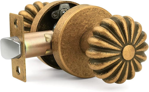 1 Pack Aged Brass Passage Door Knob, Interior Closet Door Knob Without Lock, Vintage Floral Antique Brass Doorknobs