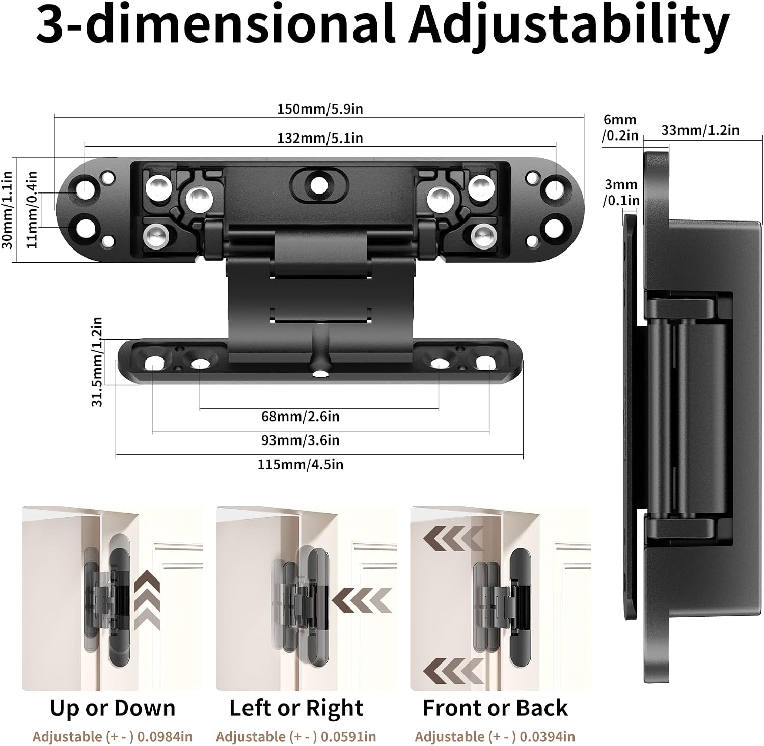 6 Inch Hidden Door Hinge Heavy Duty 3 Way Adjustable Invisible Hinges | 2pack Black 120 Degree Swing Zinc Alloy Silent Butt Concealed Hinge for Secret Room Bookcase Bookshelf Wood Door