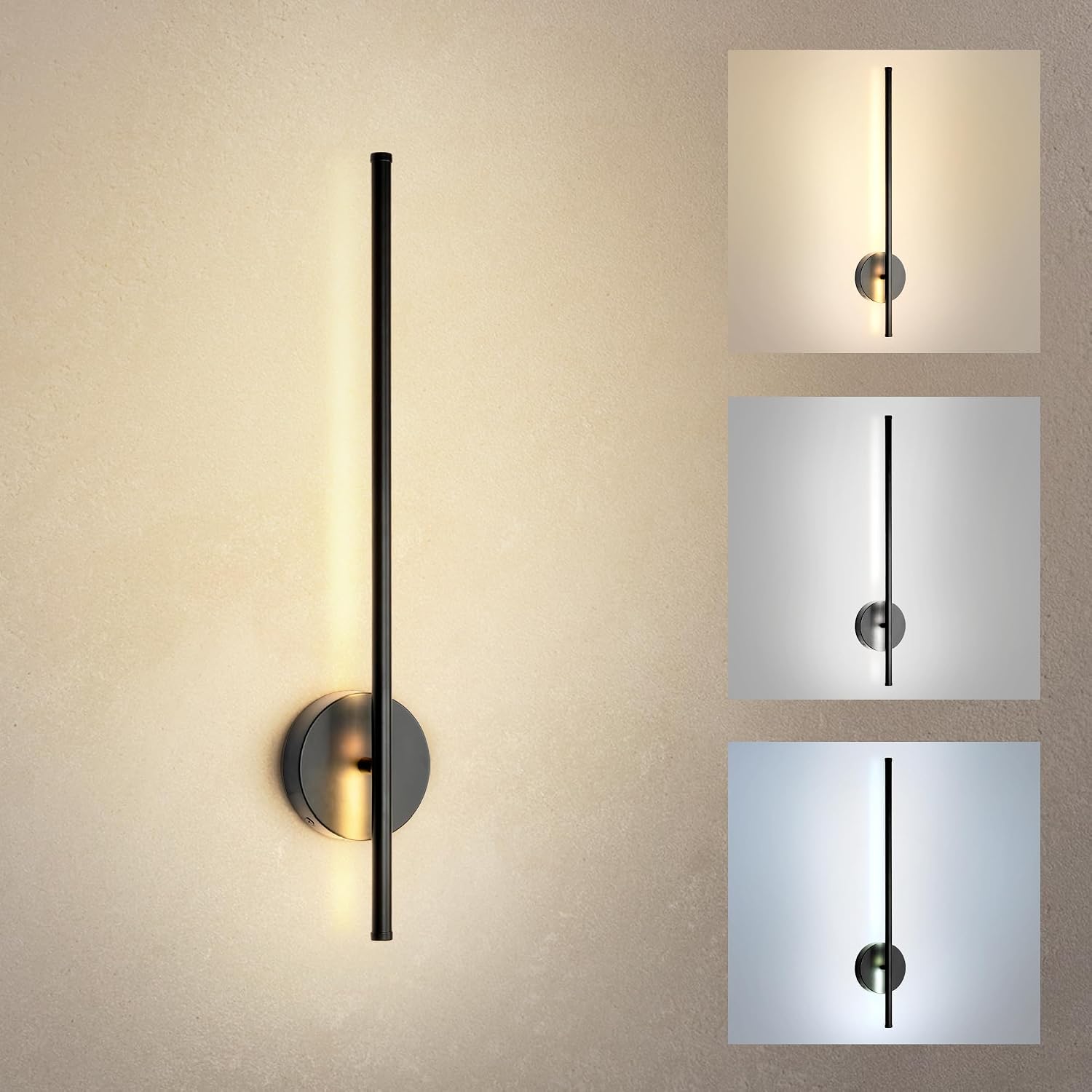 ASD LED 24" Linear Tube Wall Sconce, Modern Bathroom Light Bar | 3CCT, 360° Rotatable, Dimmable, ETL Listed | 8W 420LM 3000-5000K 100-277V | Bedroom, Hallway Vanity Lighting | Black