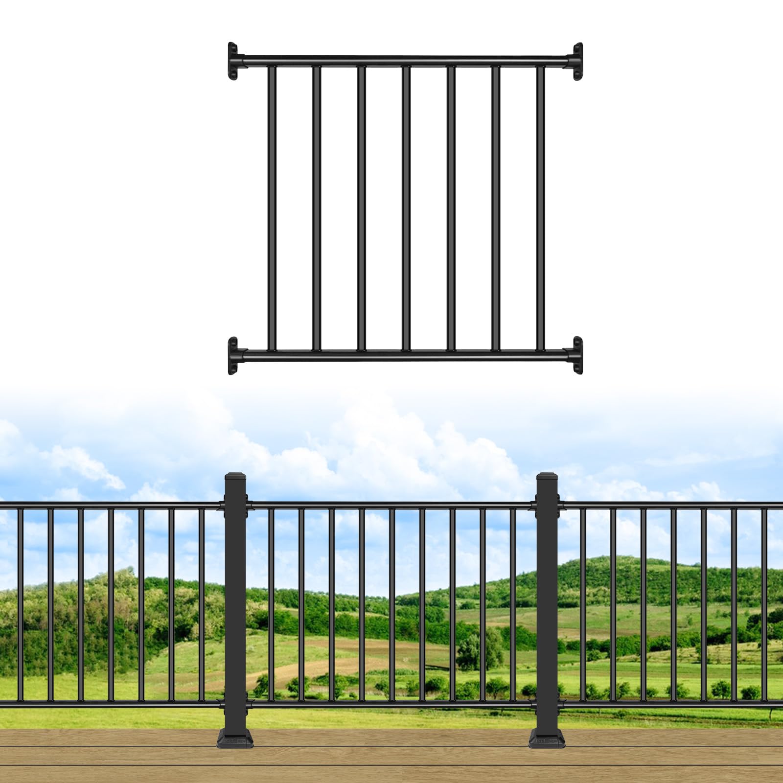 38in H x 3ft W Aluminum Deck Railing with a Matte Black Powder-Coated Finish, Suitable for Outdoor Railing kit on porches and patios,1 Panel