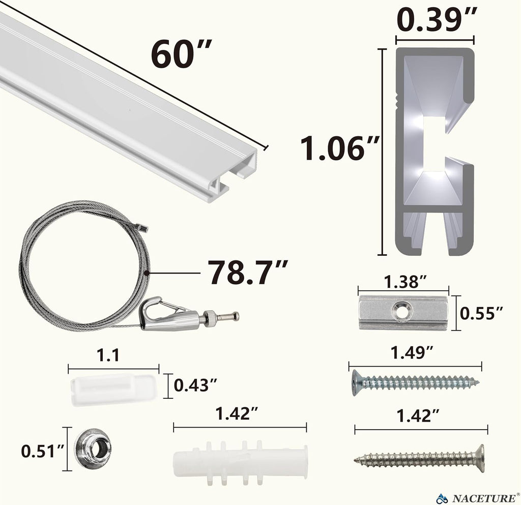19.69 Ft Picture Hanging System, 4 x 60 Inch Wall Rails | Includes adjustable wires and hooks for frames, photos and wall décor.