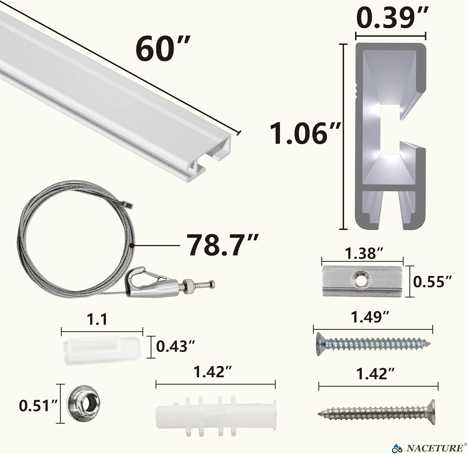 19.69 Ft Picture Hanging System, 4 x 60 Inch Wall Rails | Includes adjustable wires and hooks for frames, photos and wall décor.