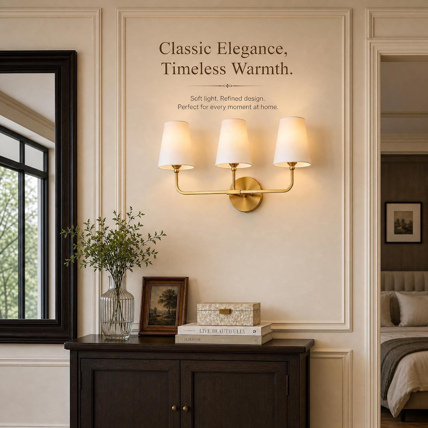 Bathroom Light Fixtures,3-Light Brushed Gold Vanity Lights,Lighting Fixtures Over Mirror with White Flared Fabric Shade,Modern Wall Sconce for Bathroom,Bedroom,Living Room,E26 Socket