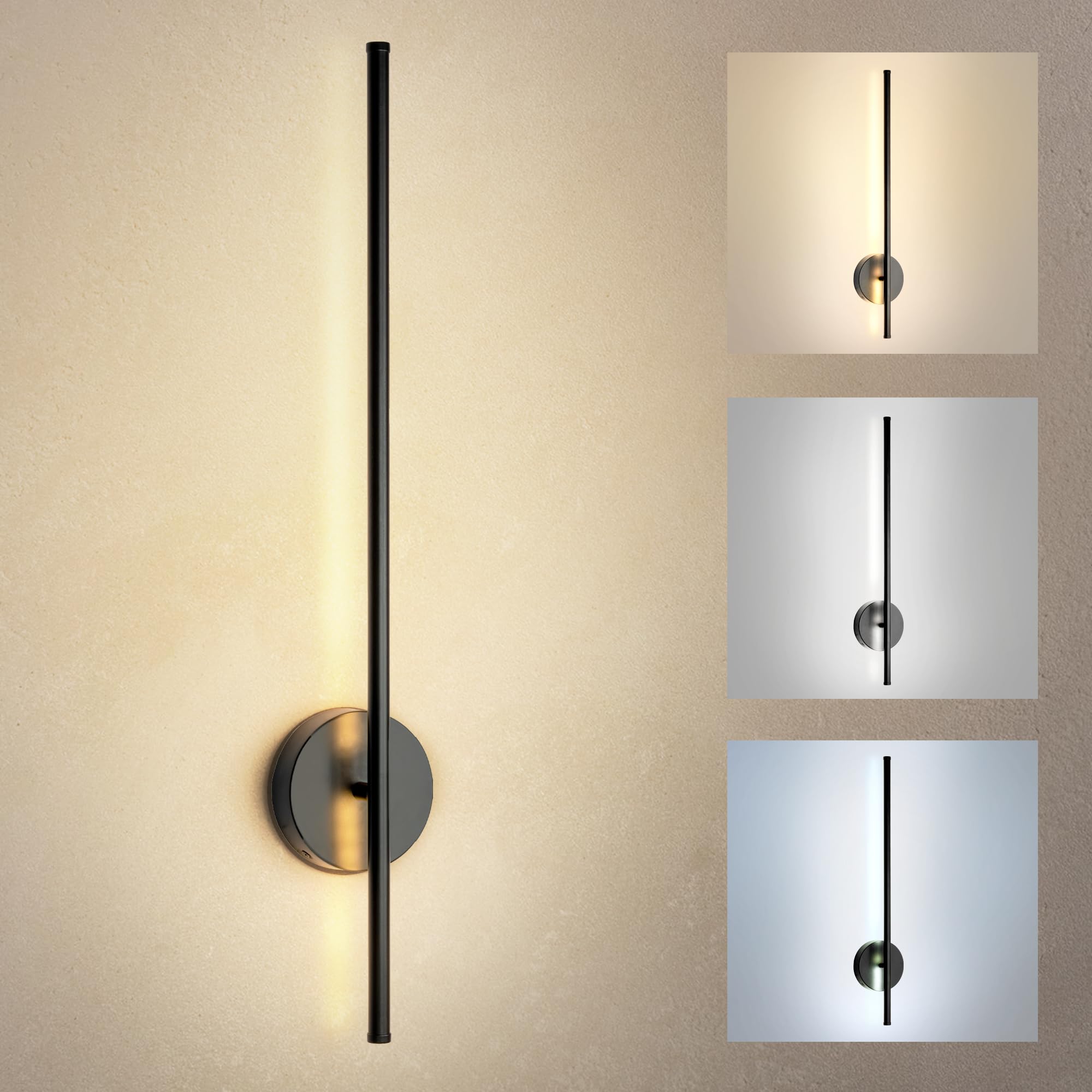 ASD LED 24" Linear Tube Wall Sconce, Modern Bathroom Light Bar | 3CCT, 360° Rotatable, Dimmable, ETL Listed | 8W 420LM 3000-5000K 100-277V | Bedroom, Hallway Vanity Lighting | Black