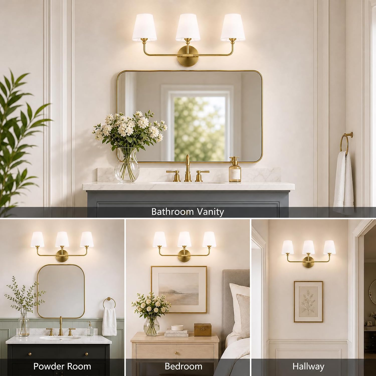 Bathroom Light Fixtures,3-Light Brushed Gold Vanity Lights,Lighting Fixtures Over Mirror with White Flared Fabric Shade,Modern Wall Sconce for Bathroom,Bedroom,Living Room,E26 Socket