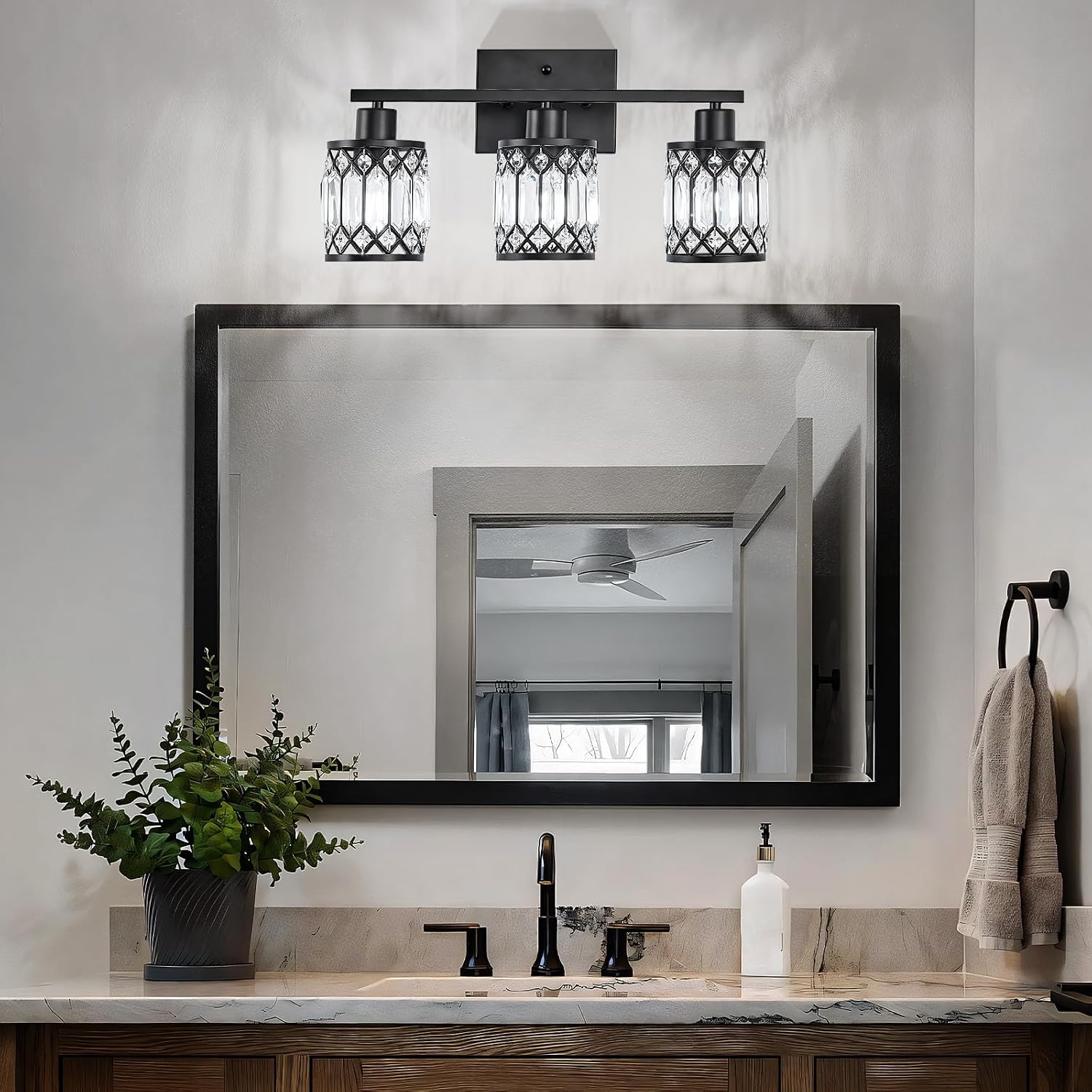 Crystal Modern Bathroom Light Fixtures, 3-Light Black Bathroom Vanity Wall Light, Vanity Lights for Mirror, Restroom, Bedroom (E26 Socket, Bulbs Not Included)