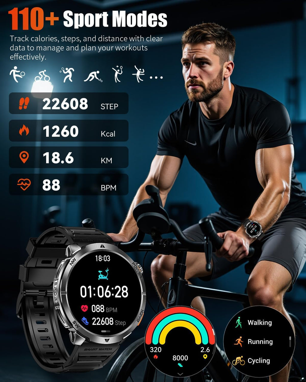 Military Smart Watch for Men, 1.6" AMOLED Screen, Health Monitoring, Sleep Tracker, Fitness smart Watch for Android/iOS