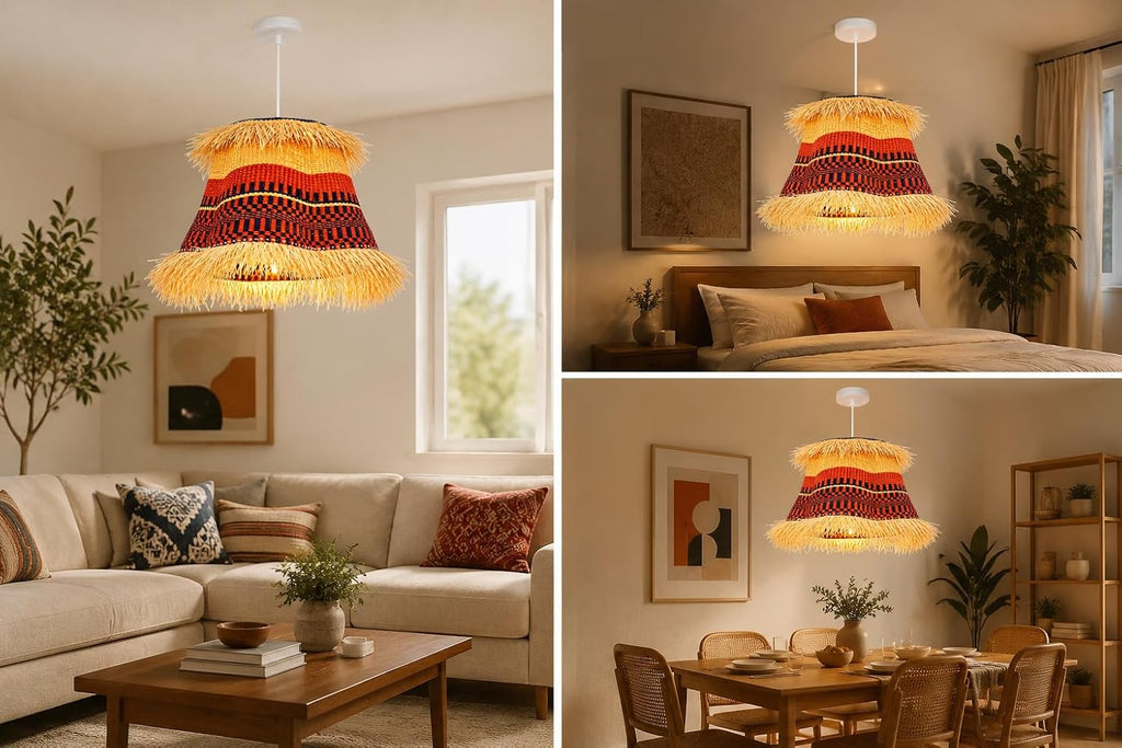 Boho Woven Pendant Light Shade Replacement - 15in Basket Ceiling Lampshade | Handmade Elephant Grass Shade Only with Raffia Fringe