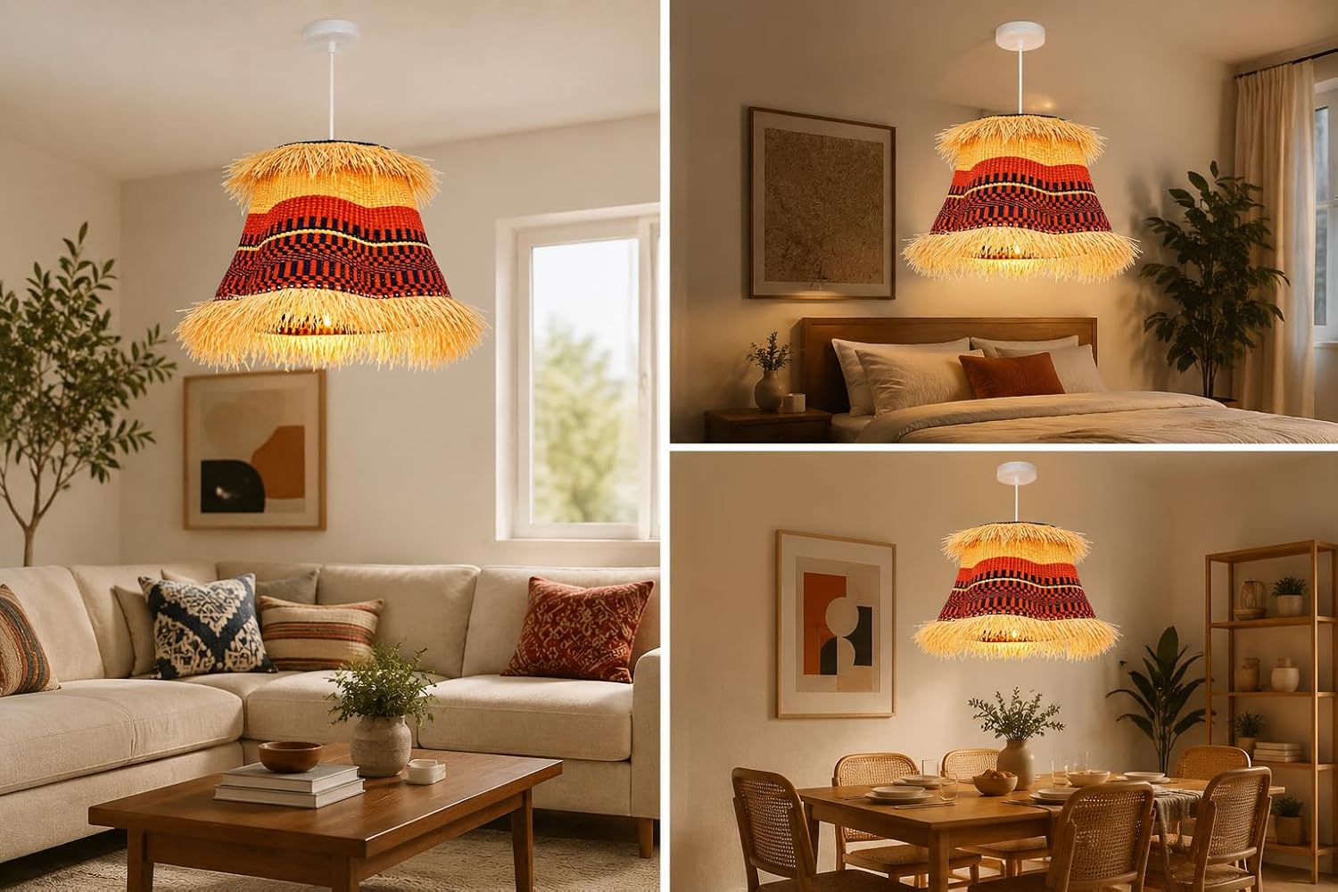 Boho Woven Pendant Light Shade Replacement - 15in Basket Ceiling Lampshade | Handmade Elephant Grass Shade Only with Raffia Fringe