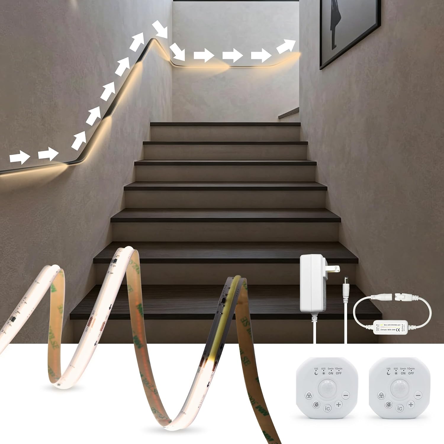2 Motion Sensor Indoor COB LED Stair Light Strip with Timer & Scene Change Delay Button, Dual Sensor Handrail Stair Lights, Mini LED Controller for Hallway & Walkway (White-6500K, 32.8FT)