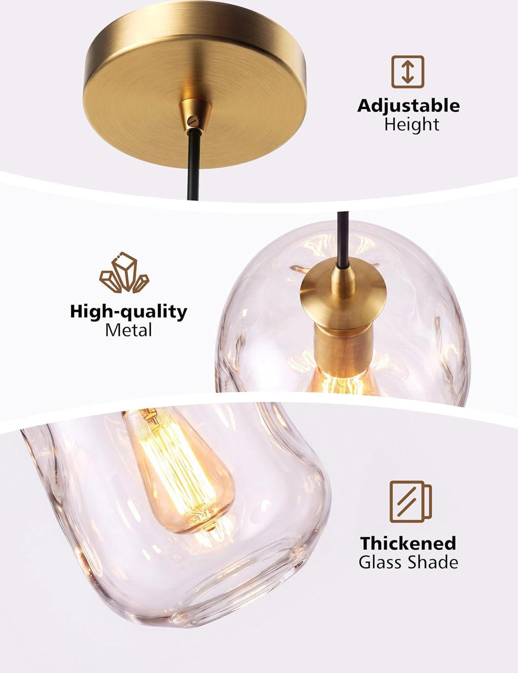 NIORSUN 1 Pack Pendant Lights Kitchen Island, Gold Pendant Light Fixtures with Clear Thick Glass Shade, Modern Hanging Ceiling Lights for Kitchen, Bathroom, Bedroom and Dining Room