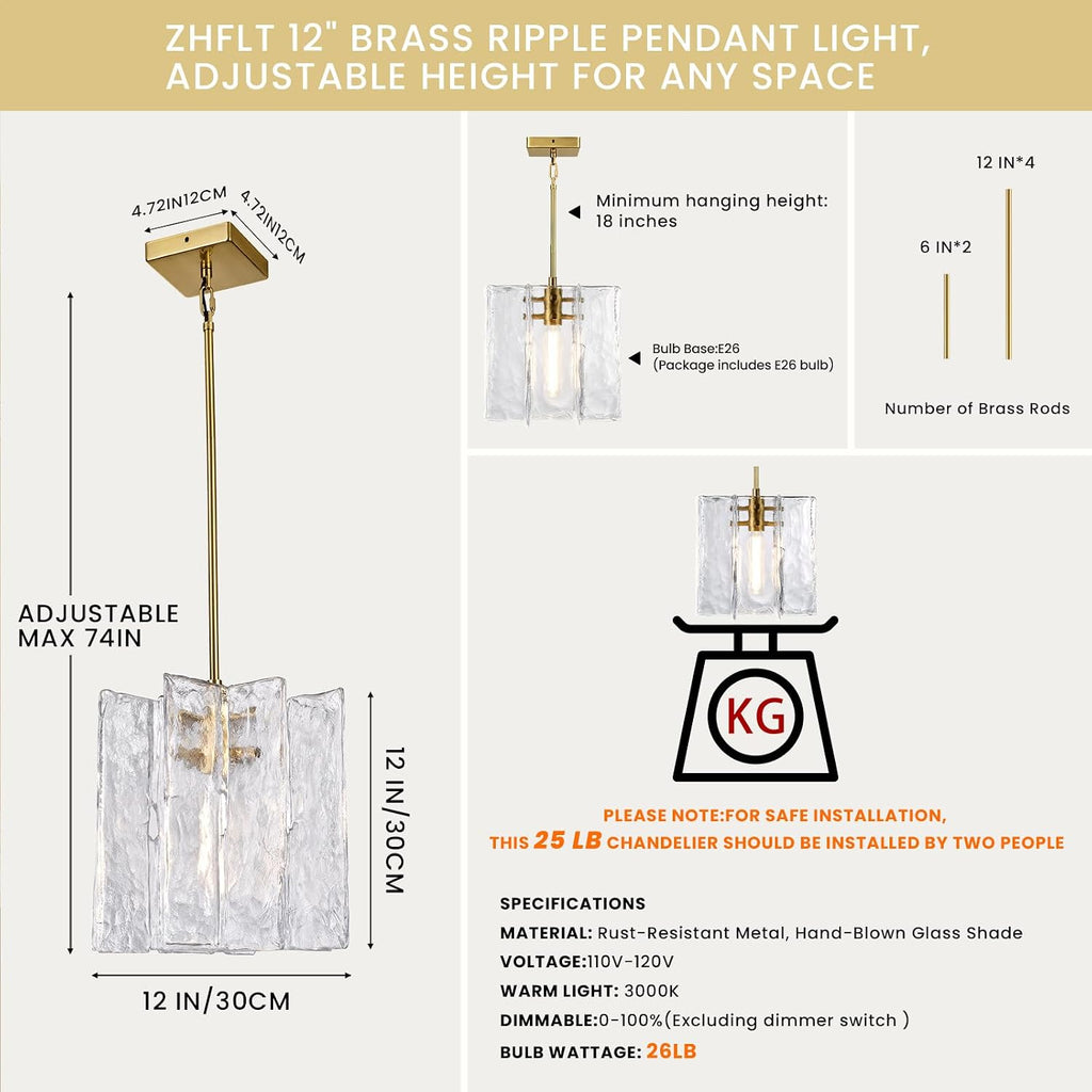 Modern Large Brass Water Ripple Glass Kitchen Pendant Light Fixtures, Gold 12 in Island Pendant Lights,Hanging Island Lights,for Bedroom, Foyer, Entryway,Dining, Bulbs Included