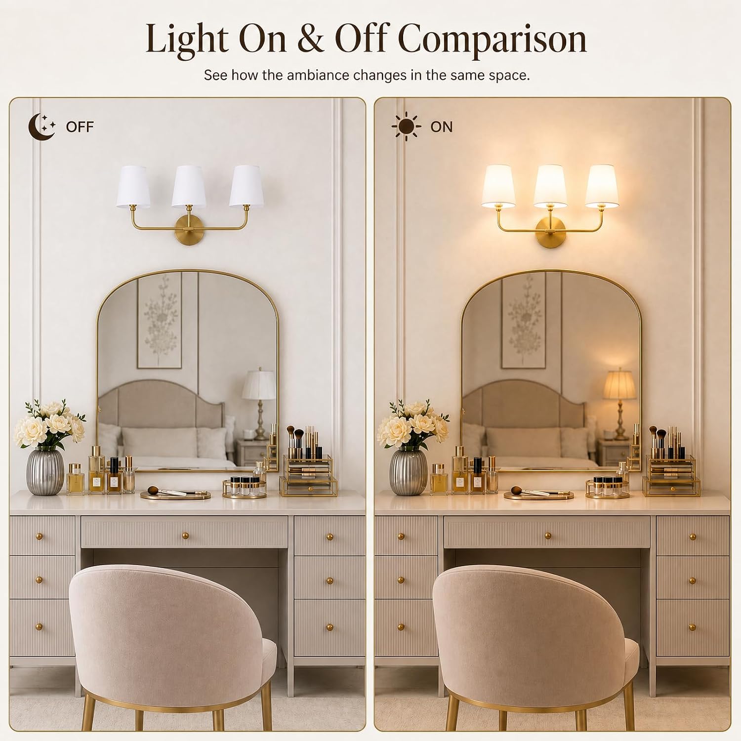 Bathroom Light Fixtures,3-Light Brushed Gold Vanity Lights,Lighting Fixtures Over Mirror with White Flared Fabric Shade,Modern Wall Sconce for Bathroom,Bedroom,Living Room,E26 Socket