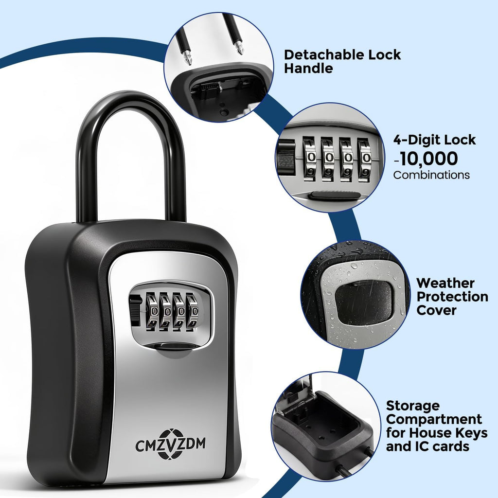 Key Lock Box with Code, 4-Digit Combination, Wall Mount, Large Capacity | Metal Weather-Resistant Shell and Removable Shackle for Outdoor Use at Homes, Garages, and Rentals, Gray, 1 Pack