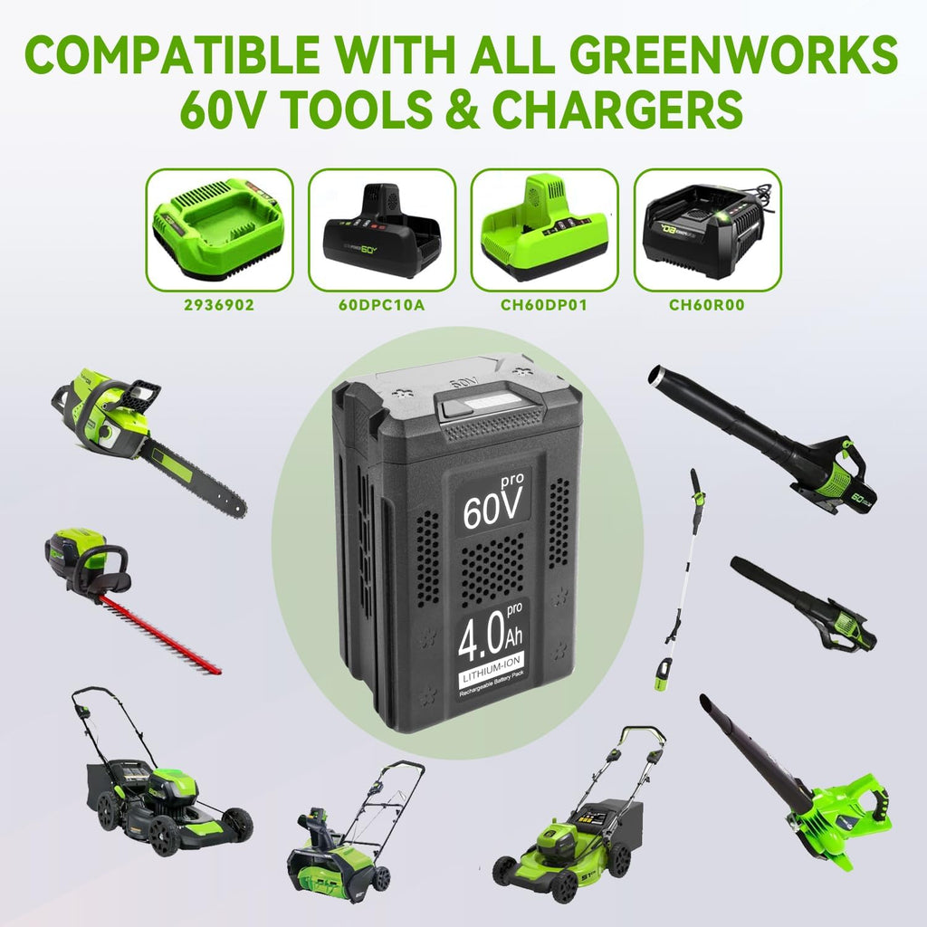 60V 4.0Ah Replacement for Greenworks Pro 60V Battery LB60A00 LB60A01 LB60A02 LB60A03, Compatible with 75+ Greenworks 60Volt LB602 LB6025 LB604 LB6041 LB6042 LB6051 LB6080 LLB608-NS Cordless Power Tool