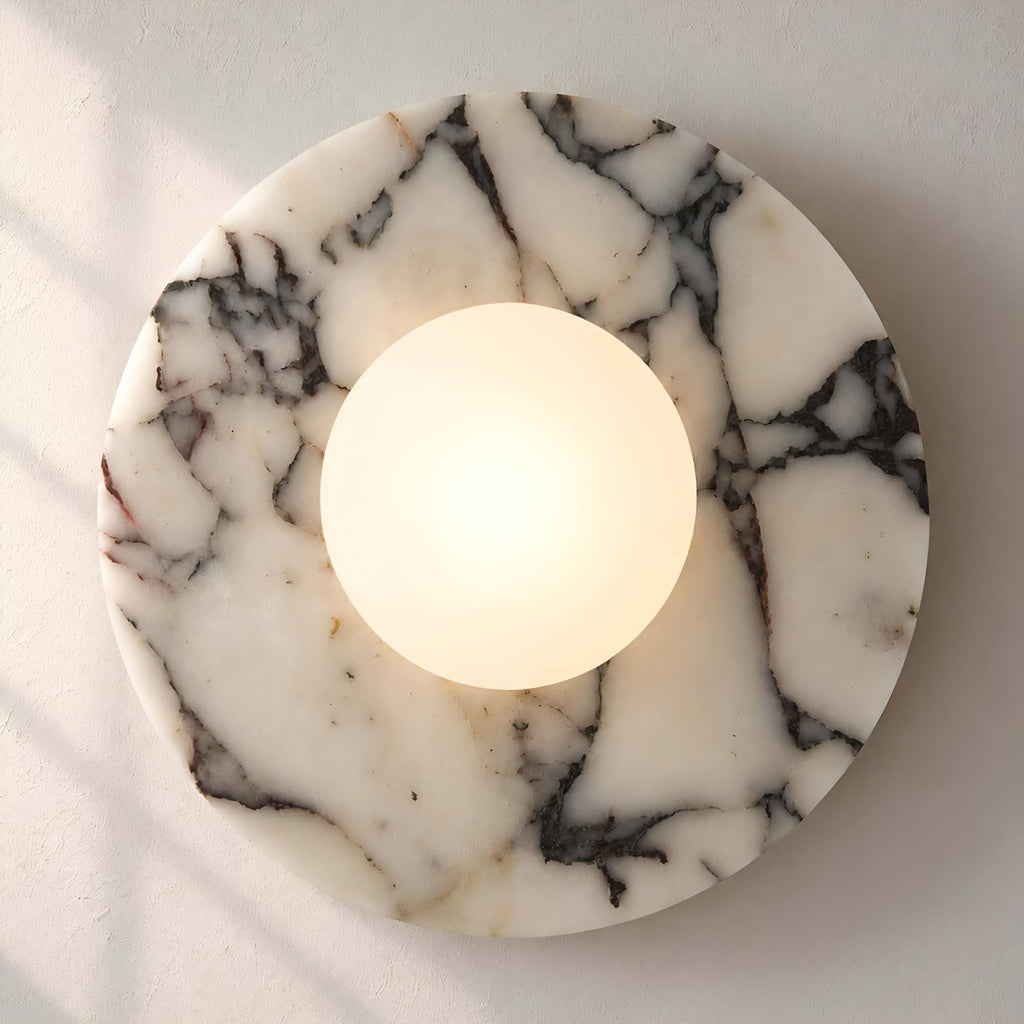 Natural Alabaster Wall Sconce Round Marble Sconce Bathroom Vanity Light | Modern Marble Stone Wall Mount Lamp with Glass Globe Hardwired Wall Light for Living Room Dining Room Stair Bedroom Hallway