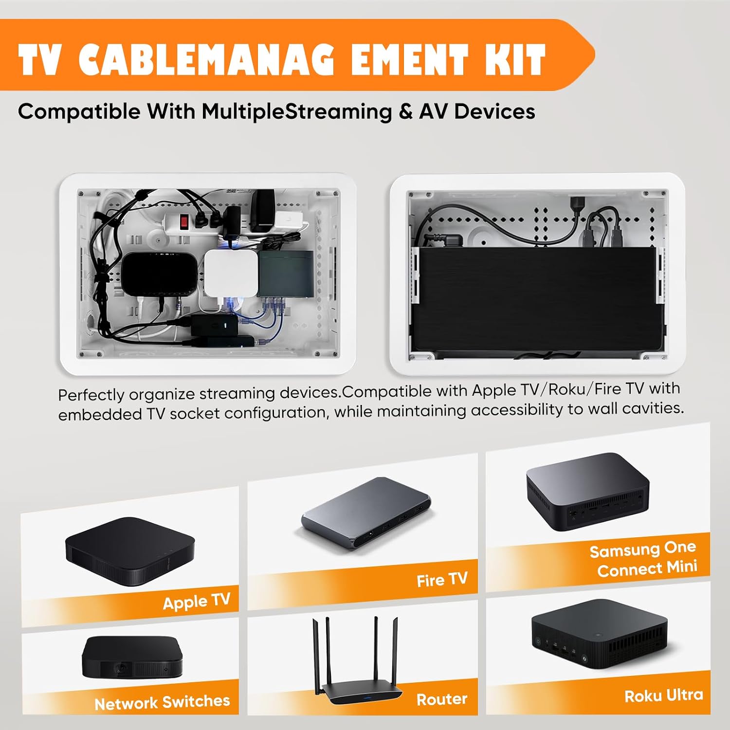 9" in-Wall TV Media Box, Fit for Roku, Apple TV, Fire TV Stick, Samsung One Connect Mini, WiFi Friendly Recessed TV Outlet Network Enclosure