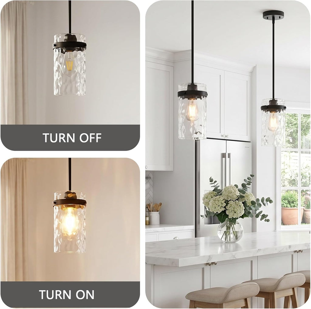 Refice Pendant Lights Kitchen Island, Black Hanging Lighting with Hammered Glass, Modern Mini Pendant Light Fixture for Dining Room Bedroom, 1 Pack