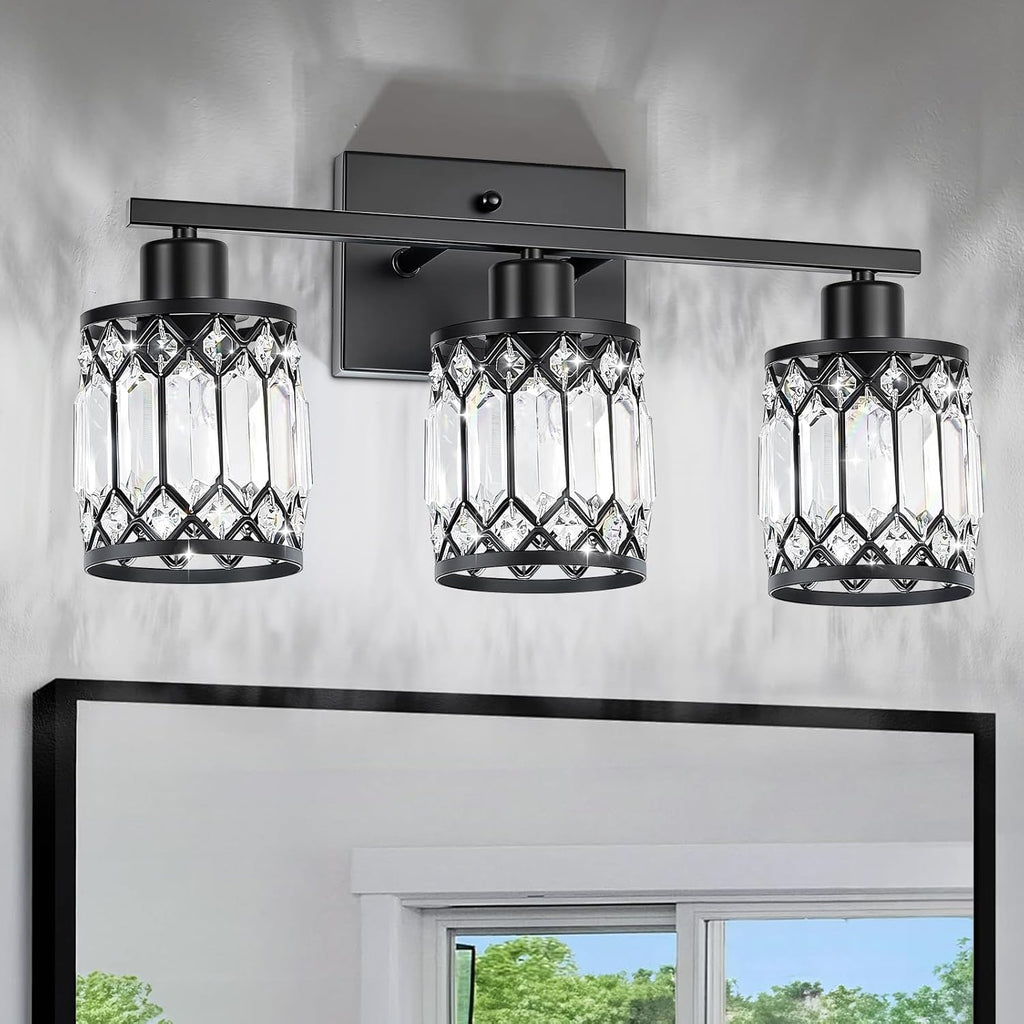 Crystal Modern Bathroom Light Fixtures, 3-Light Black Bathroom Vanity Wall Light, Vanity Lights for Mirror, Restroom, Bedroom (E26 Socket, Bulbs Not Included)