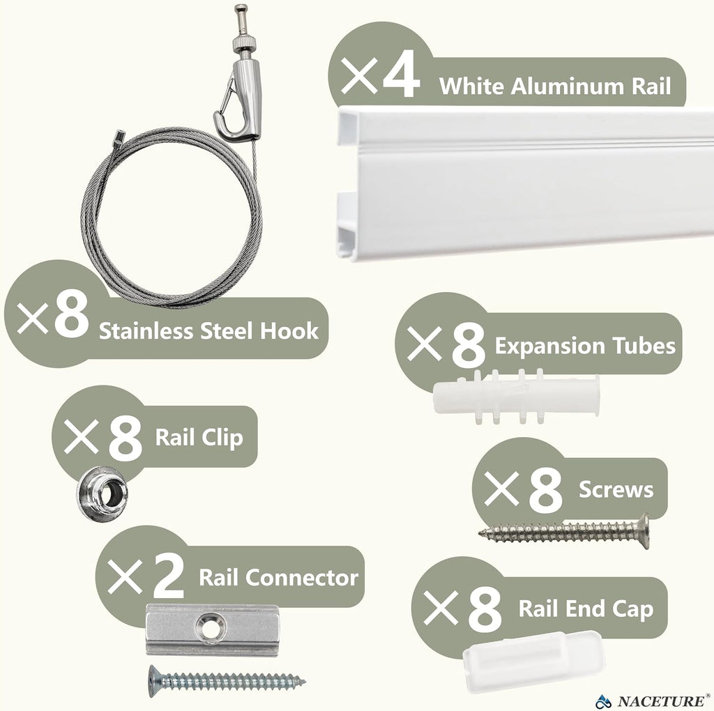 19.69 Ft Picture Hanging System, 4 x 60 Inch Wall Rails | Includes adjustable wires and hooks for frames, photos and wall décor.
